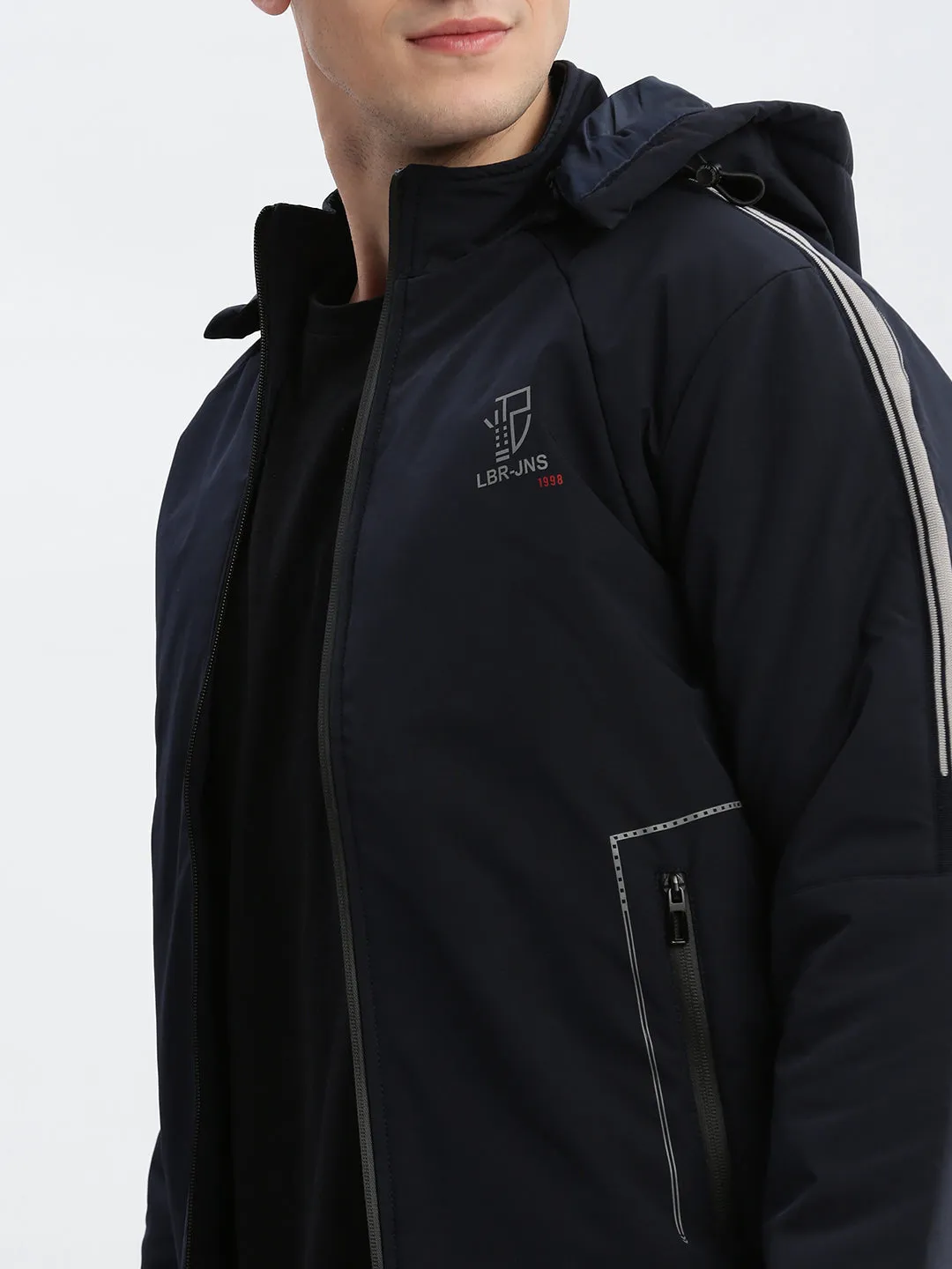 Men Solid Mock Collar Navy Blue Bomber Jacket Comes with Detachable Hoodie