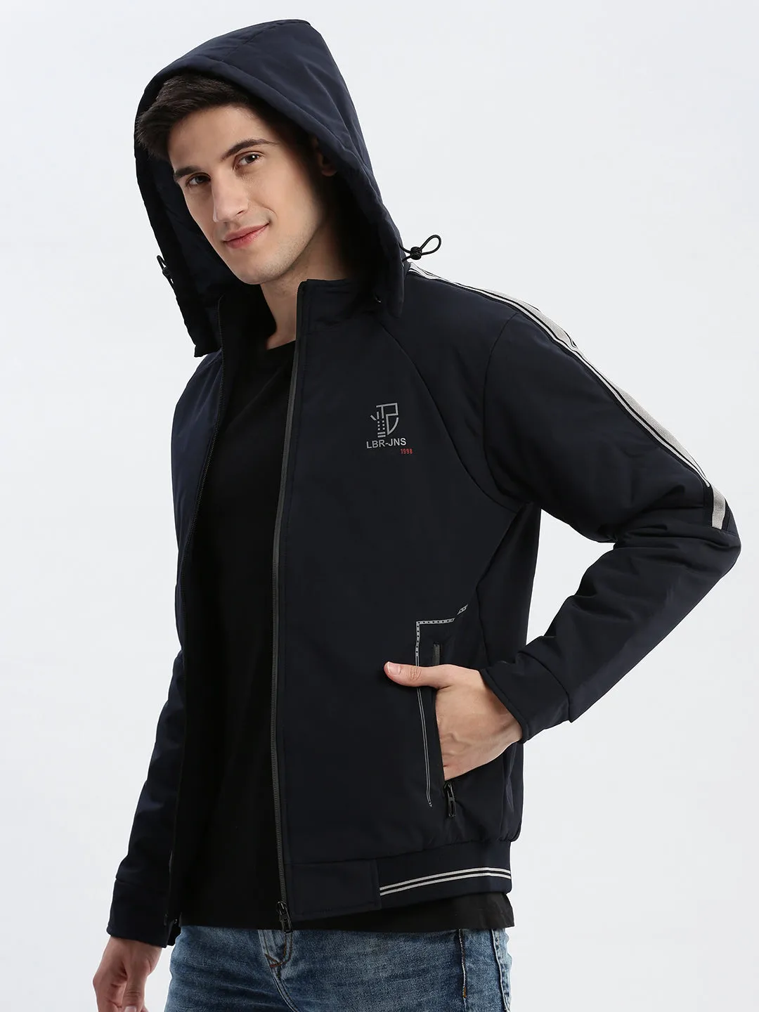 Men Solid Mock Collar Navy Blue Bomber Jacket Comes with Detachable Hoodie