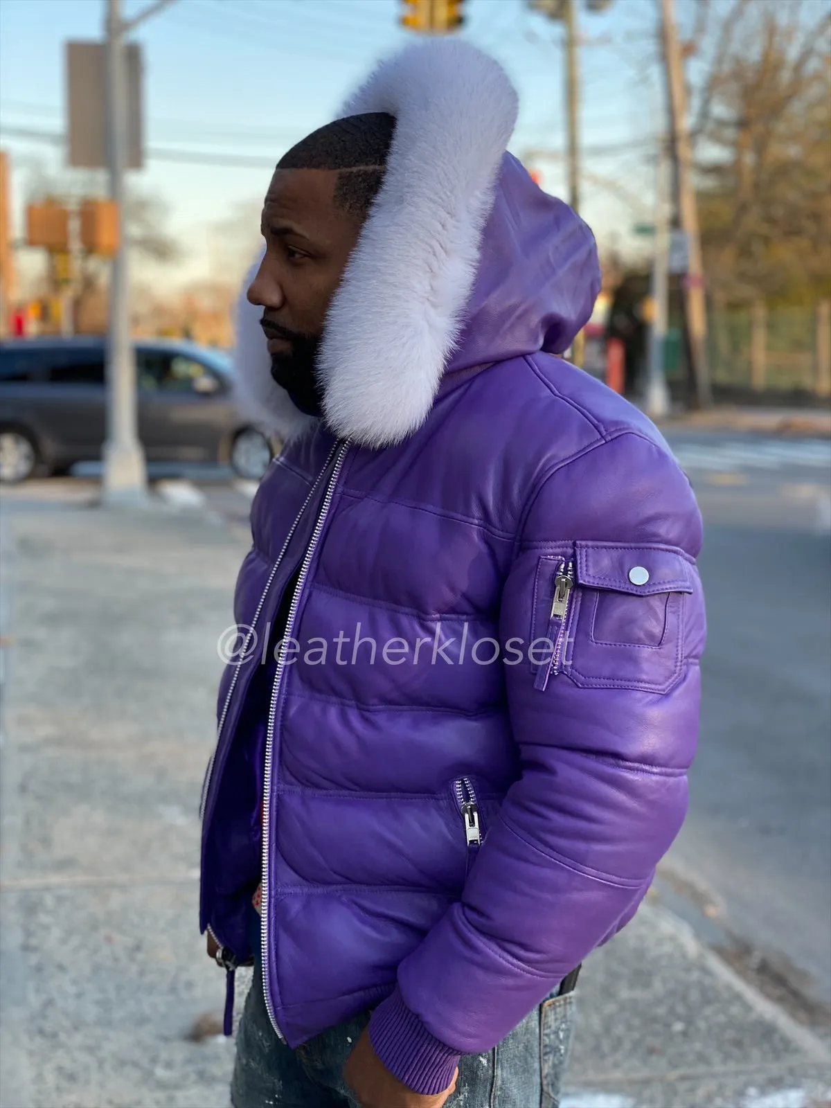 Men’s Aspen Leather Bubble Bomber Jacket [Purple]