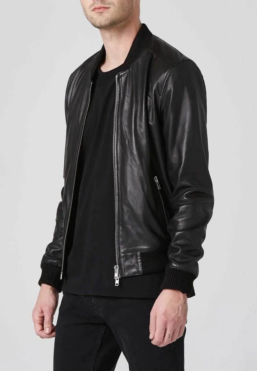 Men's Black Leather Bomber Jacket with Double Zipper