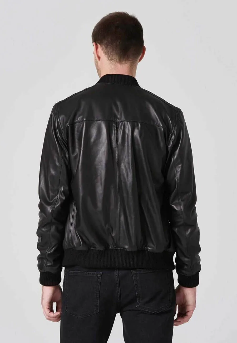 Men's Black Leather Bomber Jacket with Double Zipper