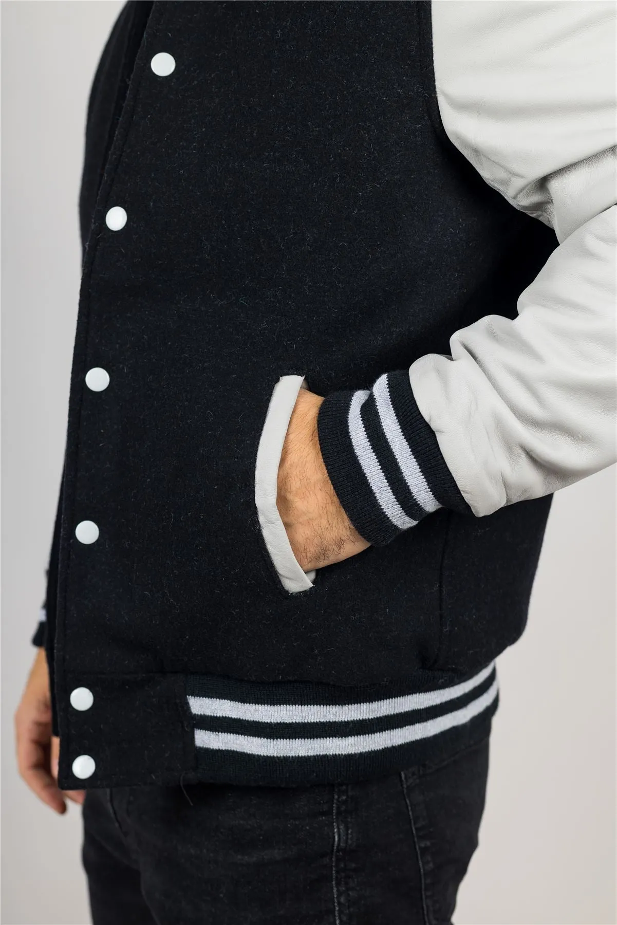 Men's Black White Varsity Bomber Jacket Wool Body Real Leather Sleeves College Baseball Coat