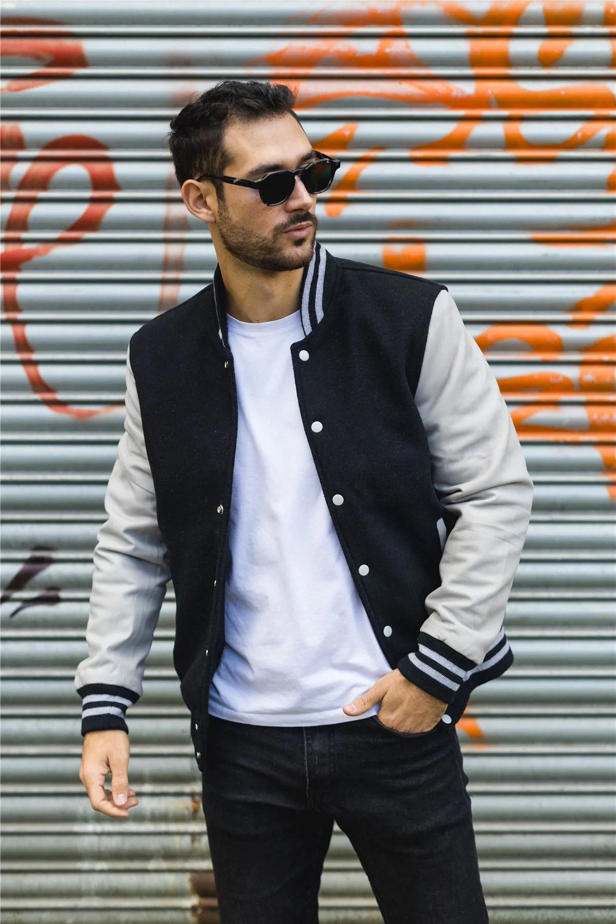 Men's Black White Varsity Bomber Jacket Wool Body Real Leather Sleeves College Baseball Coat