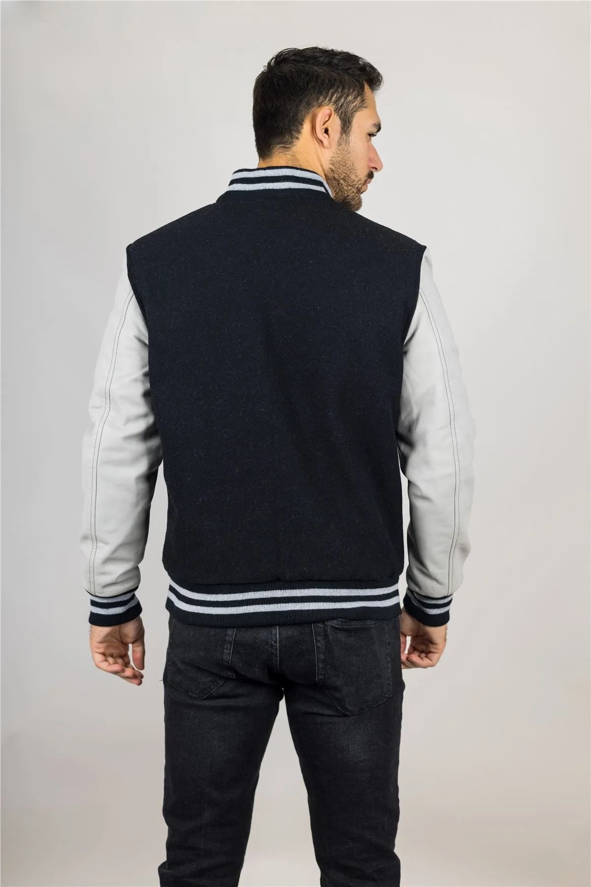 Men's Black White Varsity Bomber Jacket Wool Body Real Leather Sleeves College Baseball Coat