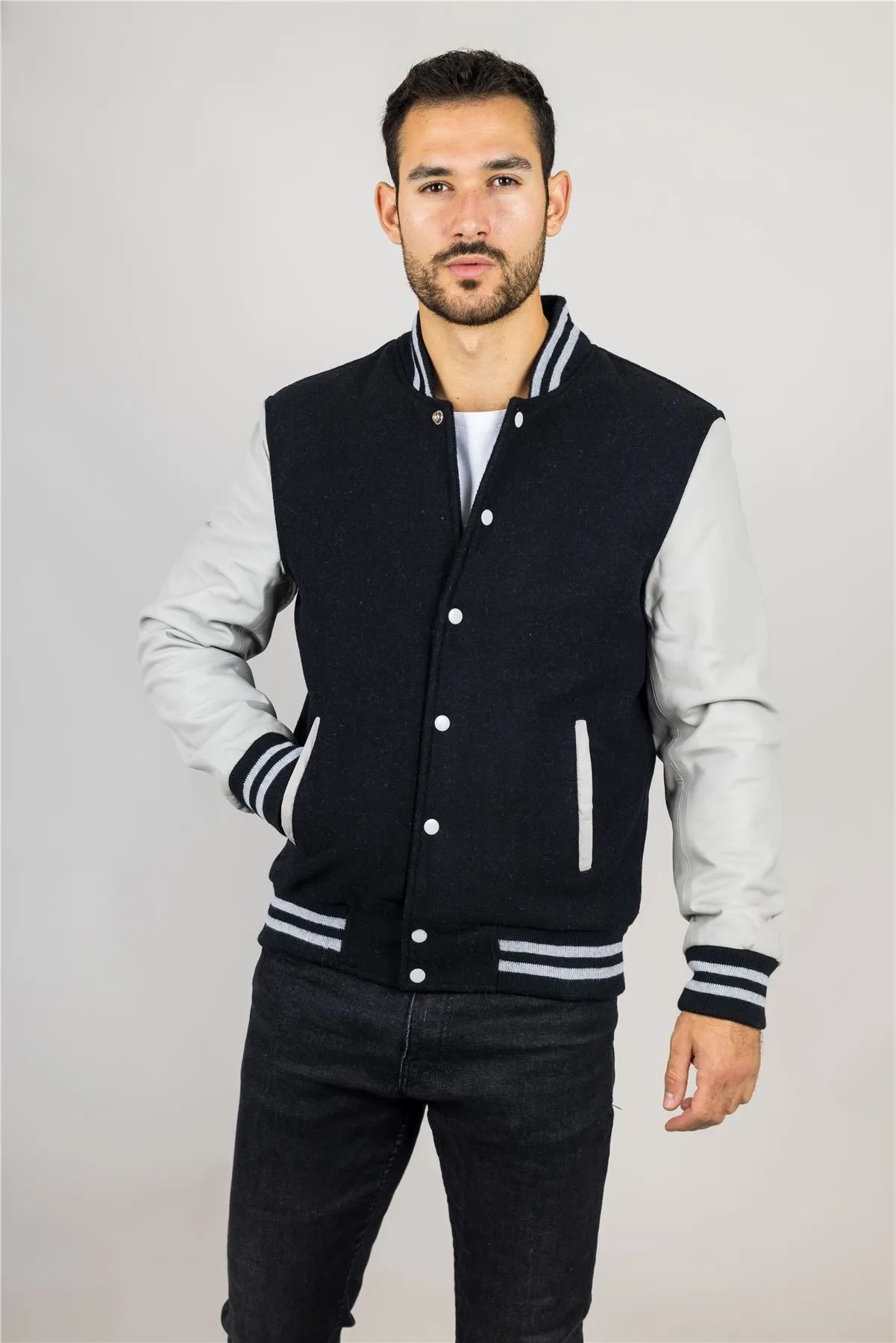 Men's Black White Varsity Bomber Jacket Wool Body Real Leather Sleeves College Baseball Coat