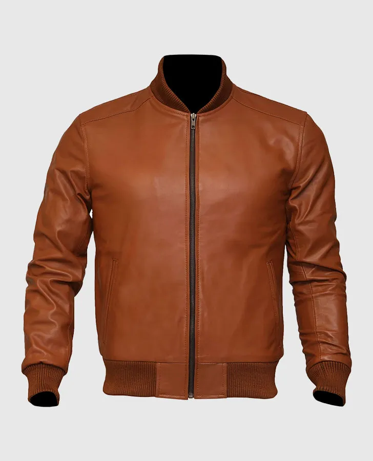 Men's Bomber US Flag Tan Brown Sheepskin Leather Jacket