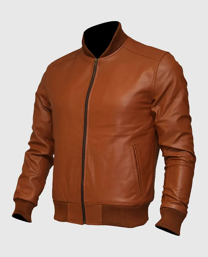 Men's Bomber US Flag Tan Brown Sheepskin Leather Jacket