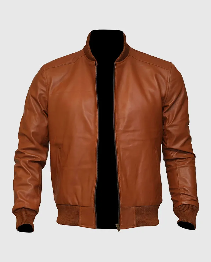 Men's Bomber US Flag Tan Brown Sheepskin Leather Jacket