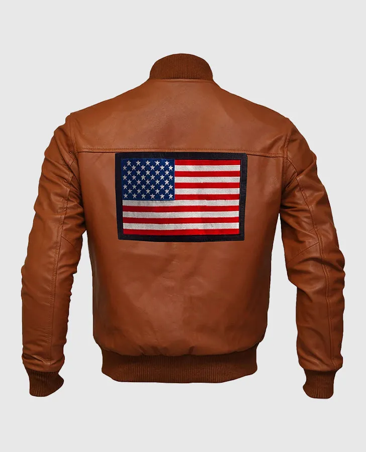 Men's Bomber US Flag Tan Brown Sheepskin Leather Jacket