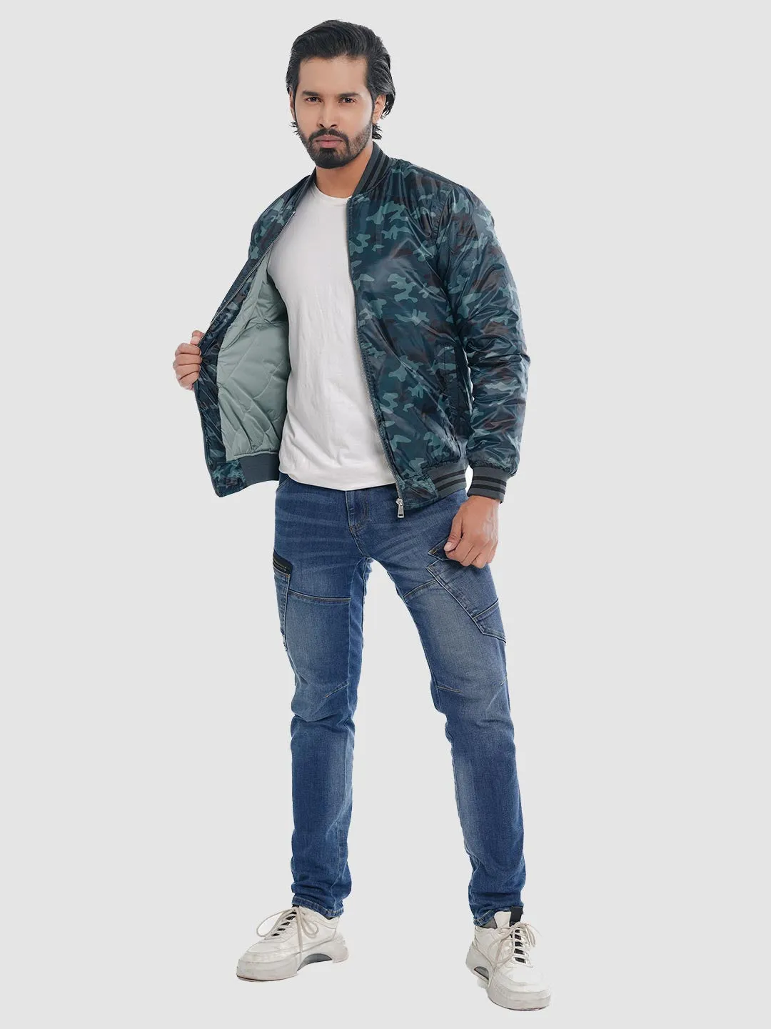 Men's Casual Bomber Jacket Teal Camo