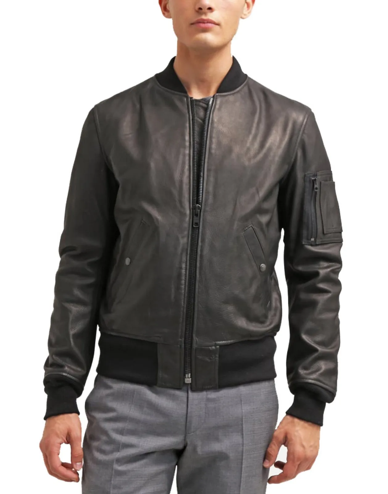 Men's Gray Leather Classic Bomber Jacket MZ07