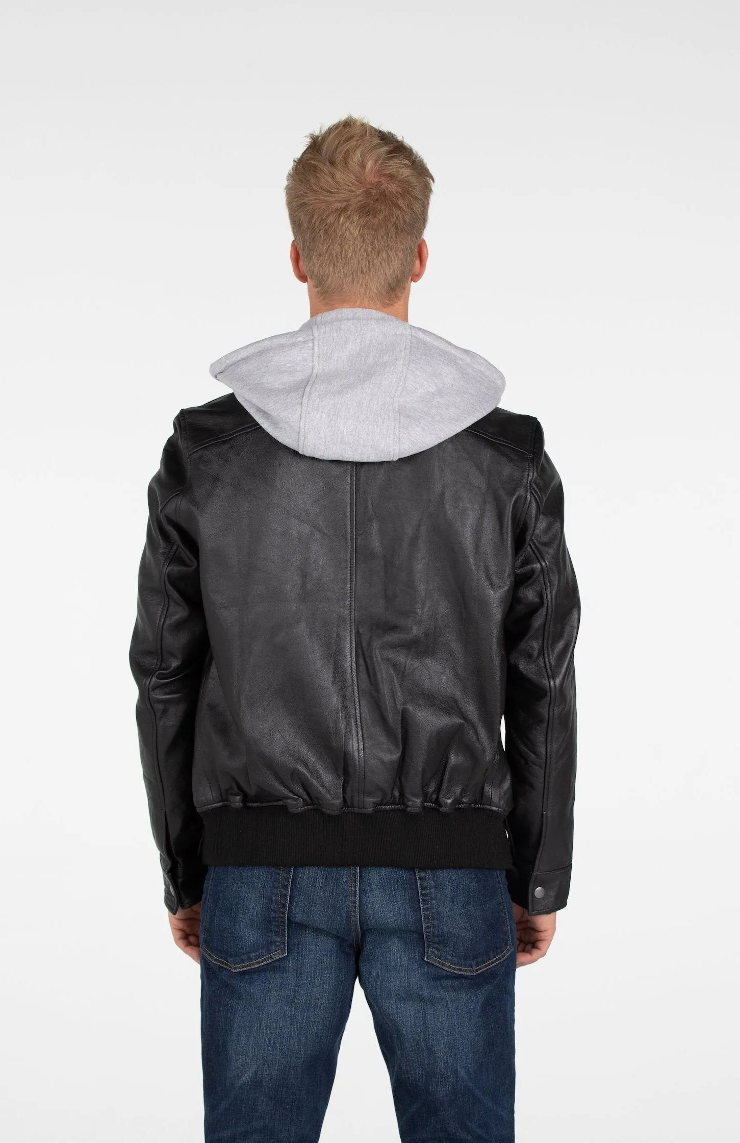 Men's Lambskin Hooded Leather Bomber Jacket - Clearance