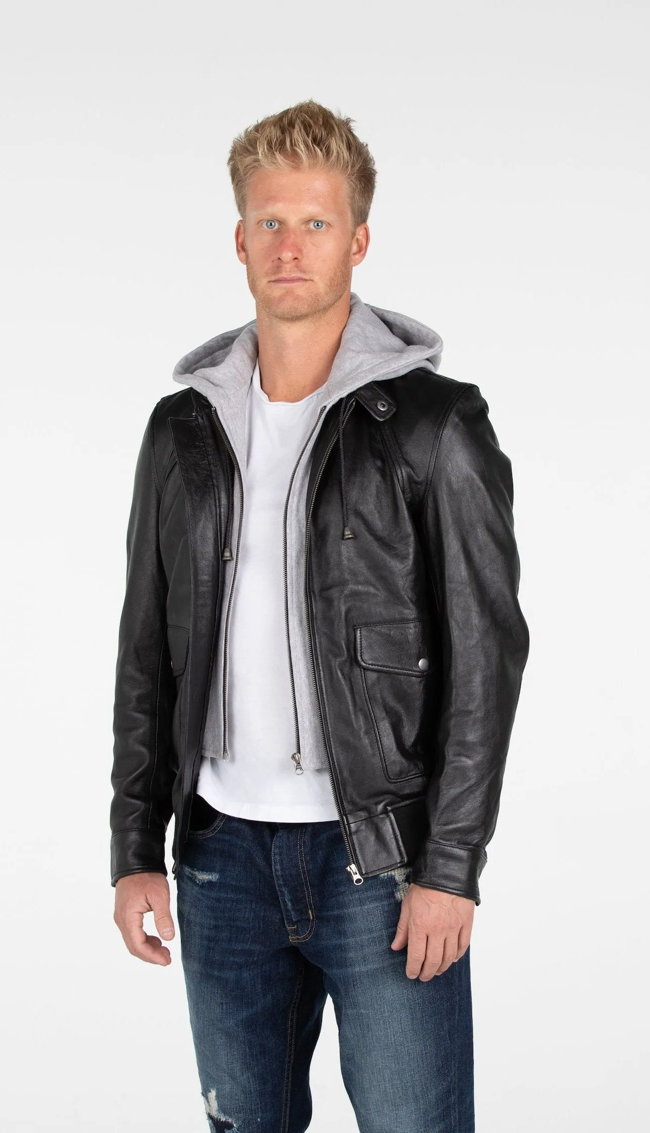 Men's Lambskin Hooded Leather Bomber Jacket - Clearance