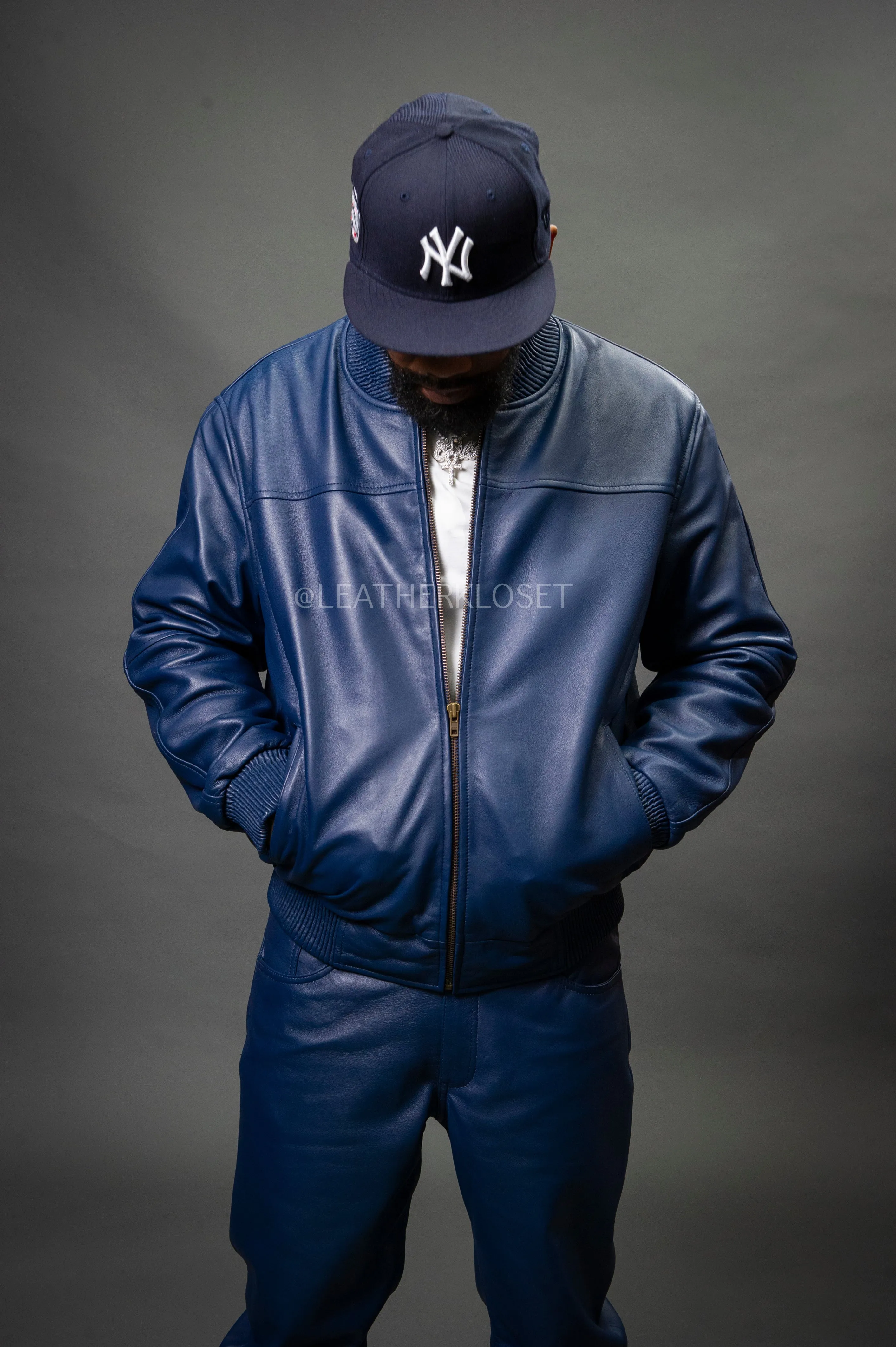 Men's Leather Baseball Jacket & Leather Jean Pants [Navy]