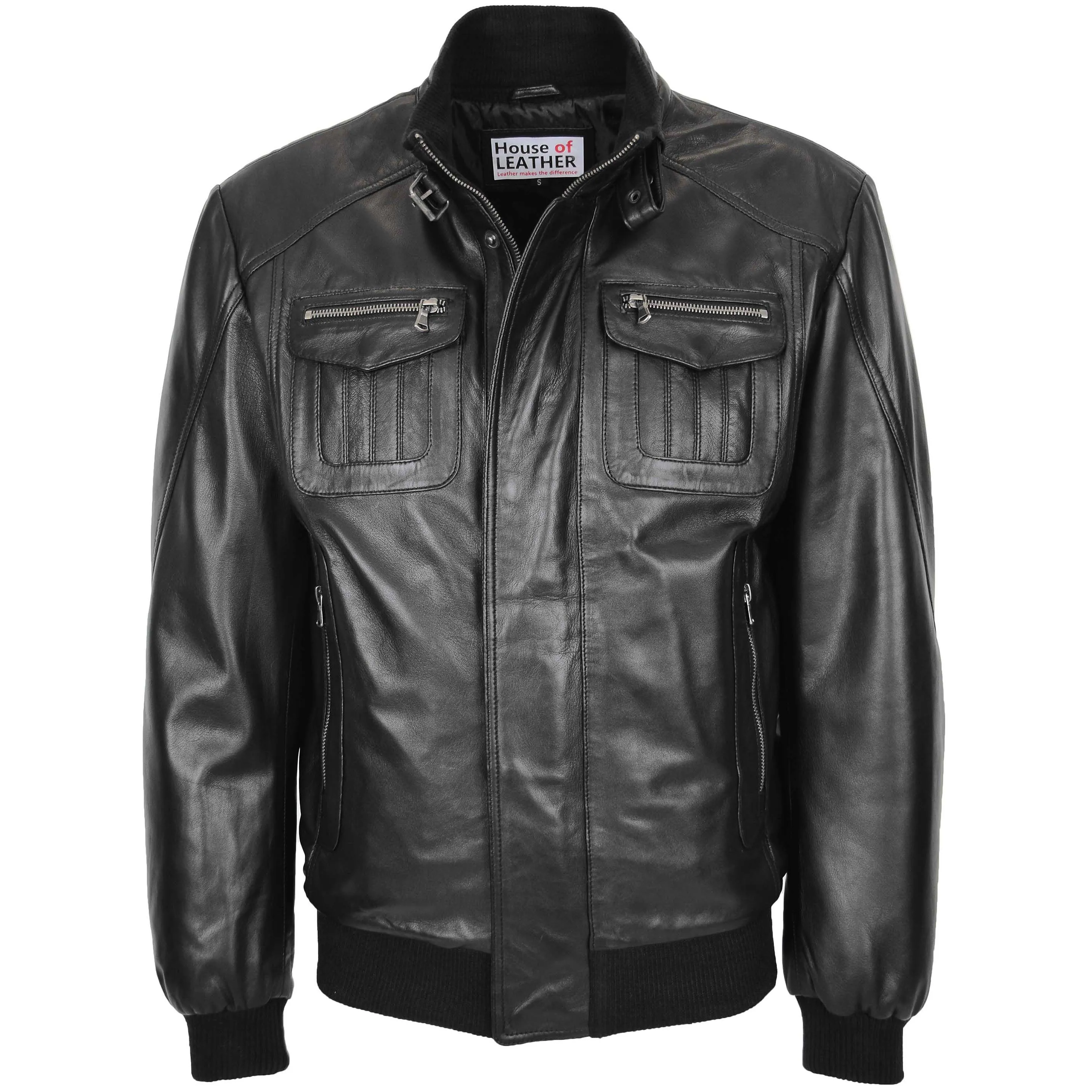 Mens Leather Bomber Flight Jacket Tom Black