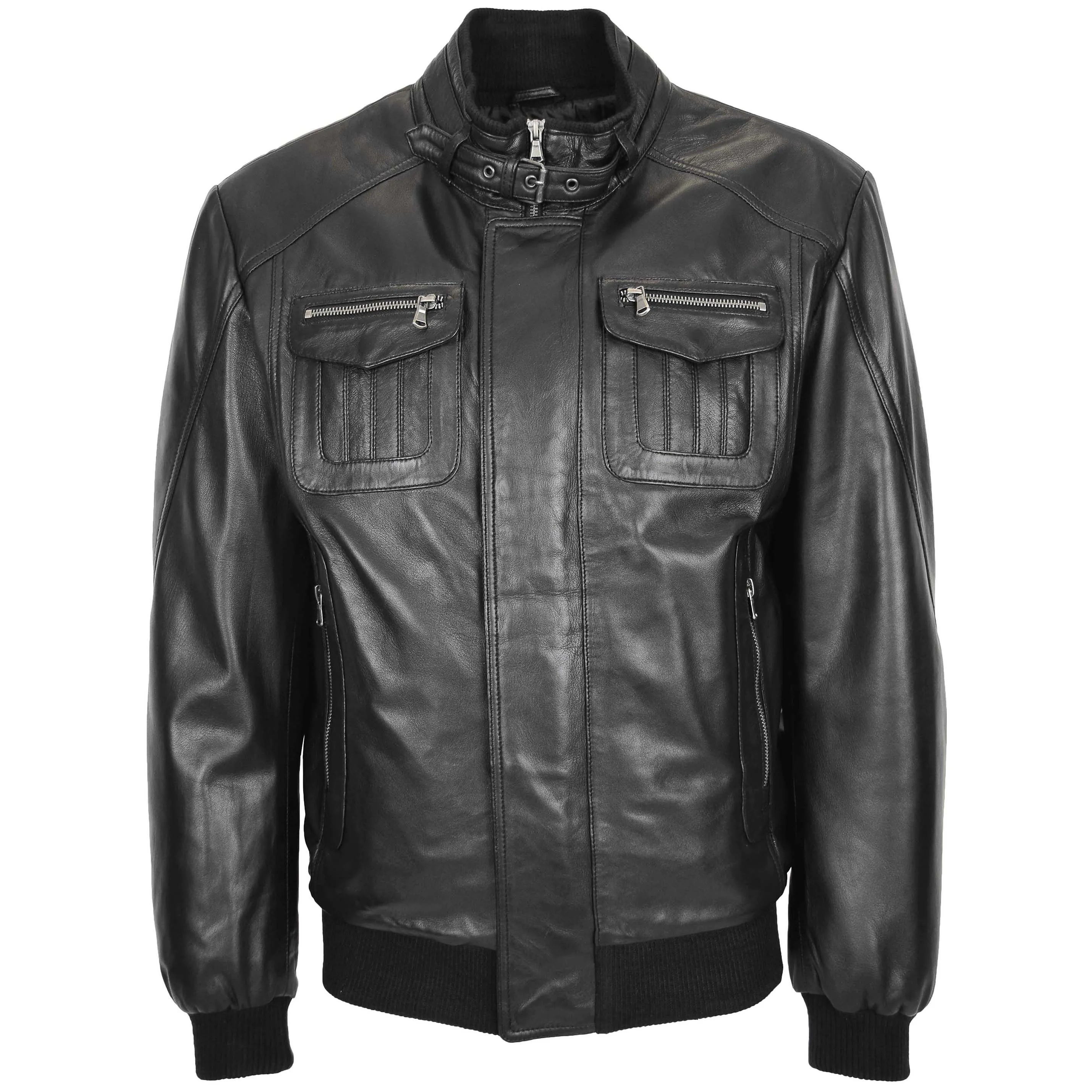 Mens Leather Bomber Flight Jacket Tom Black