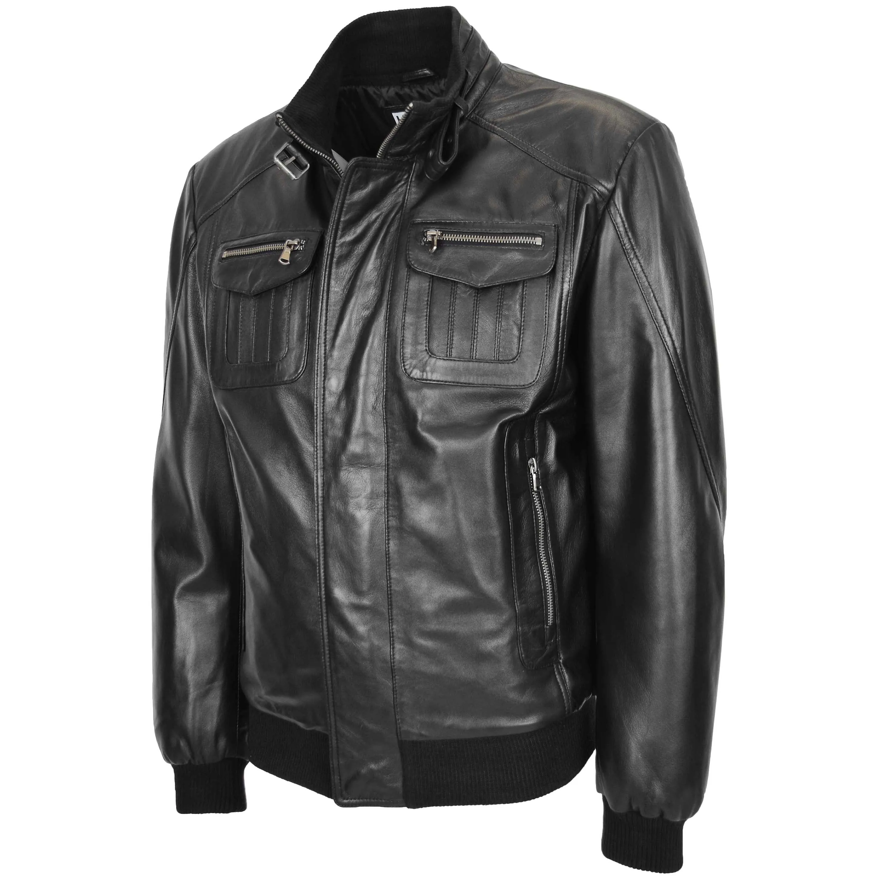 Mens Leather Bomber Flight Jacket Tom Black