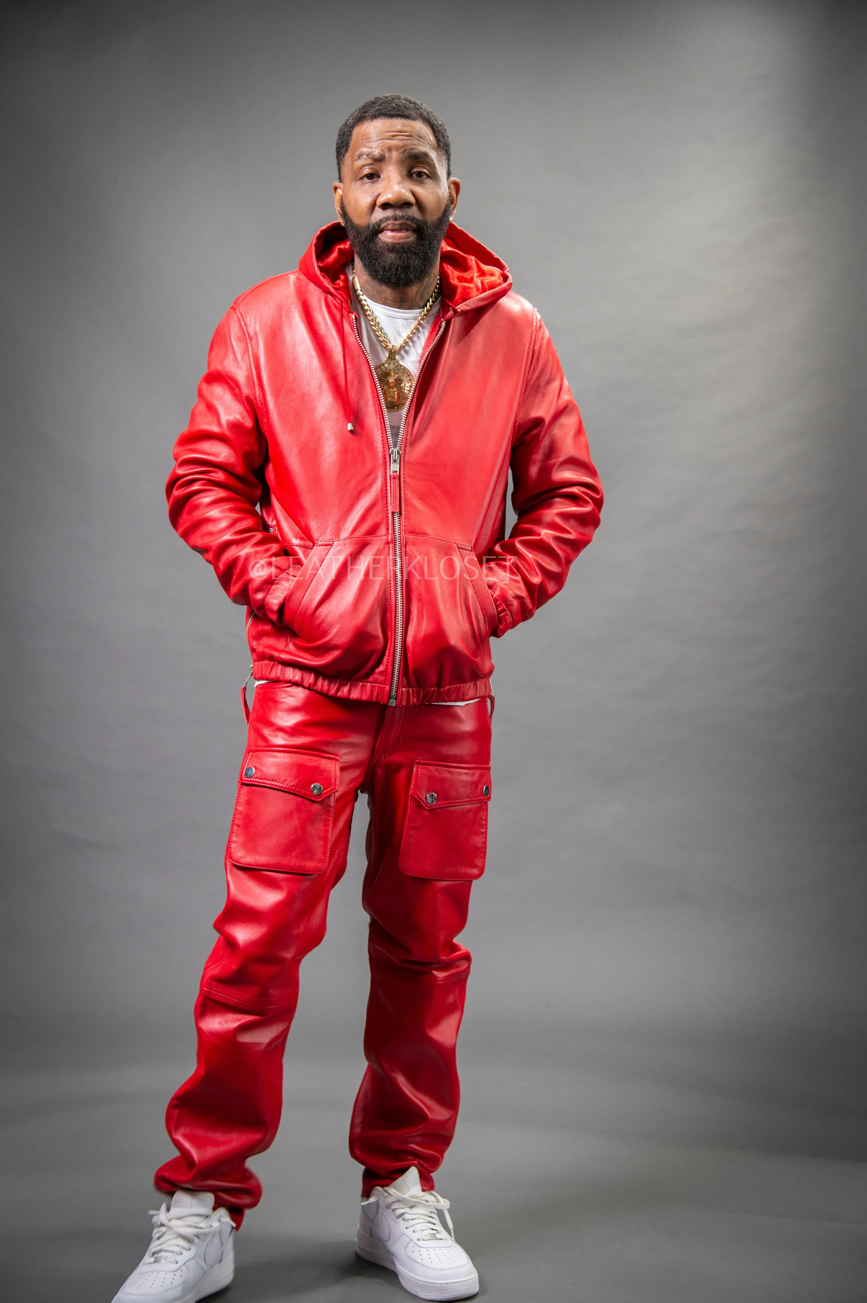 Men's Leather Hoodie And Cargo Pants Set [Red]