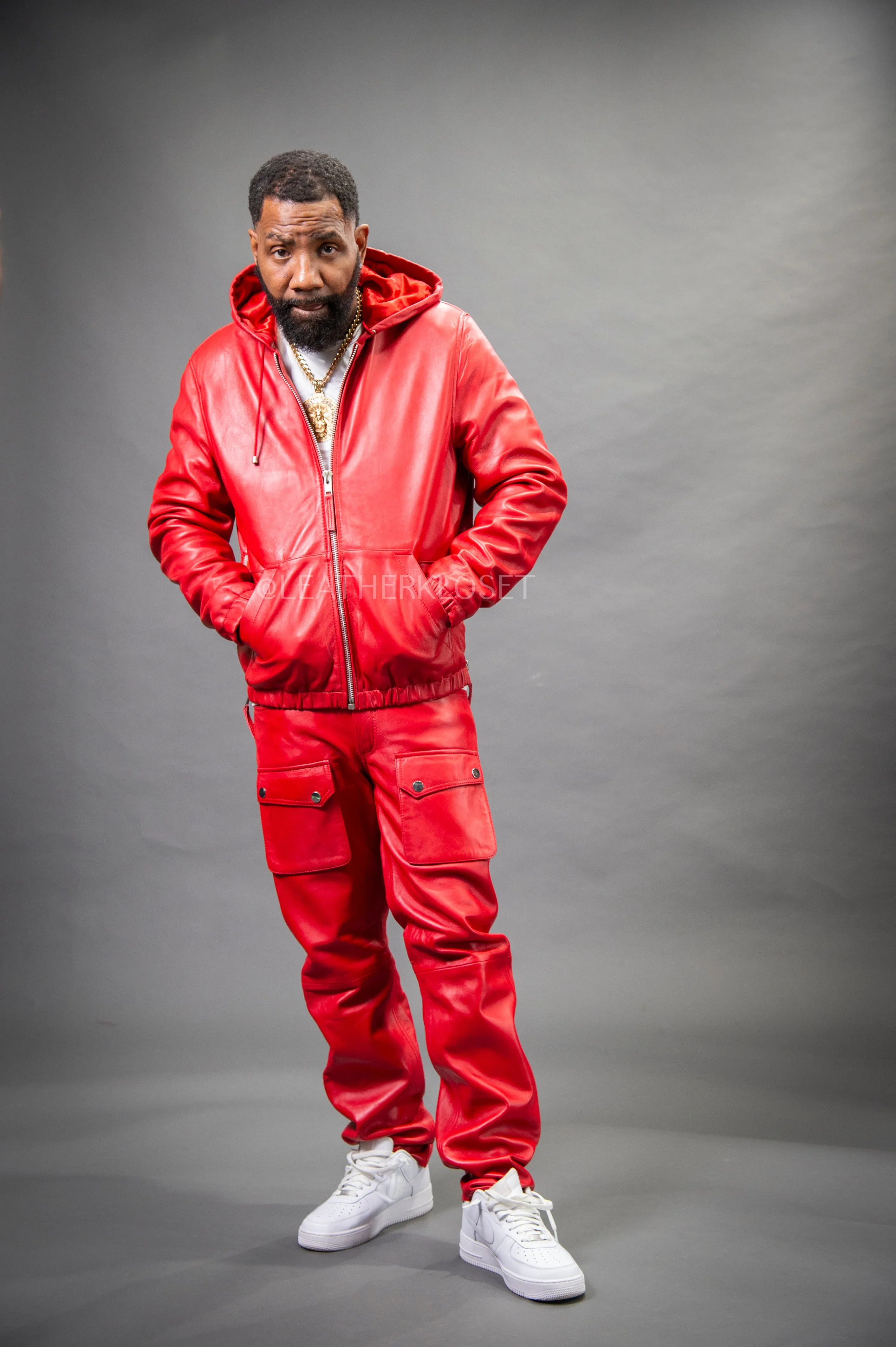 Men's Leather Hoodie And Cargo Pants Set [Red]