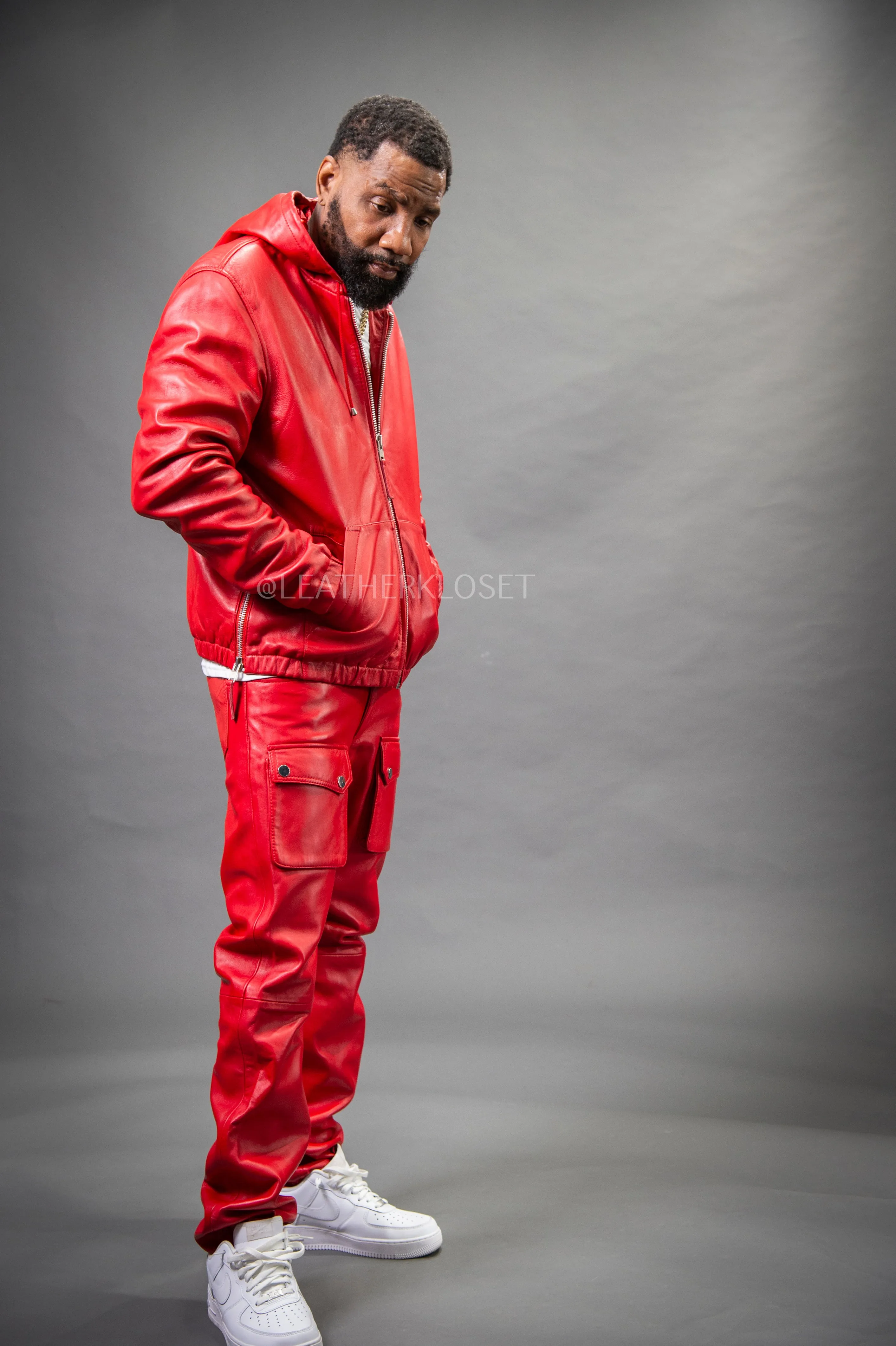 Men's Leather Hoodie And Cargo Pants Set [Red]