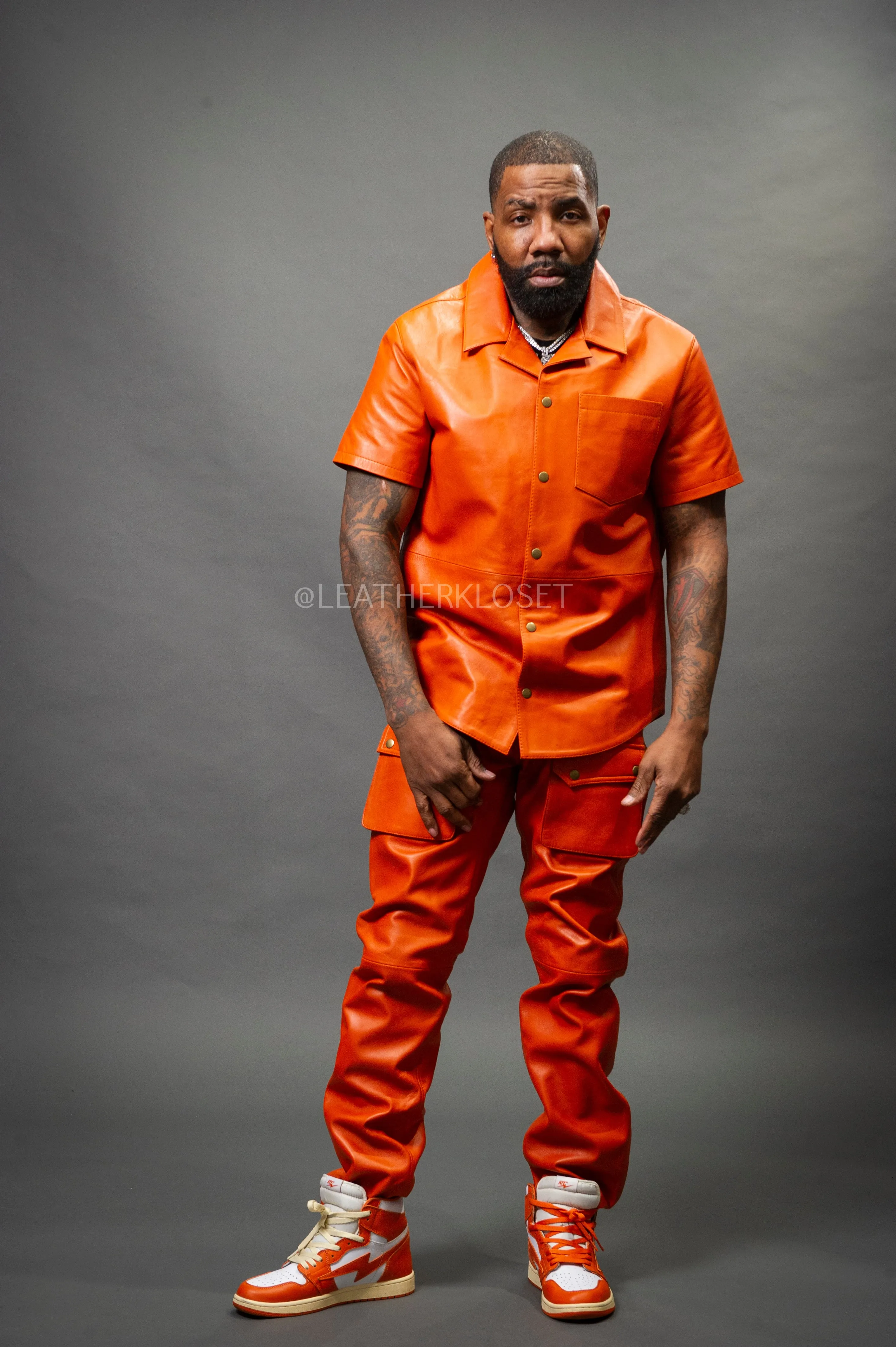 Men's Luka Leather Short Sleeve Shirt And Cargo Pants Set [Orange]