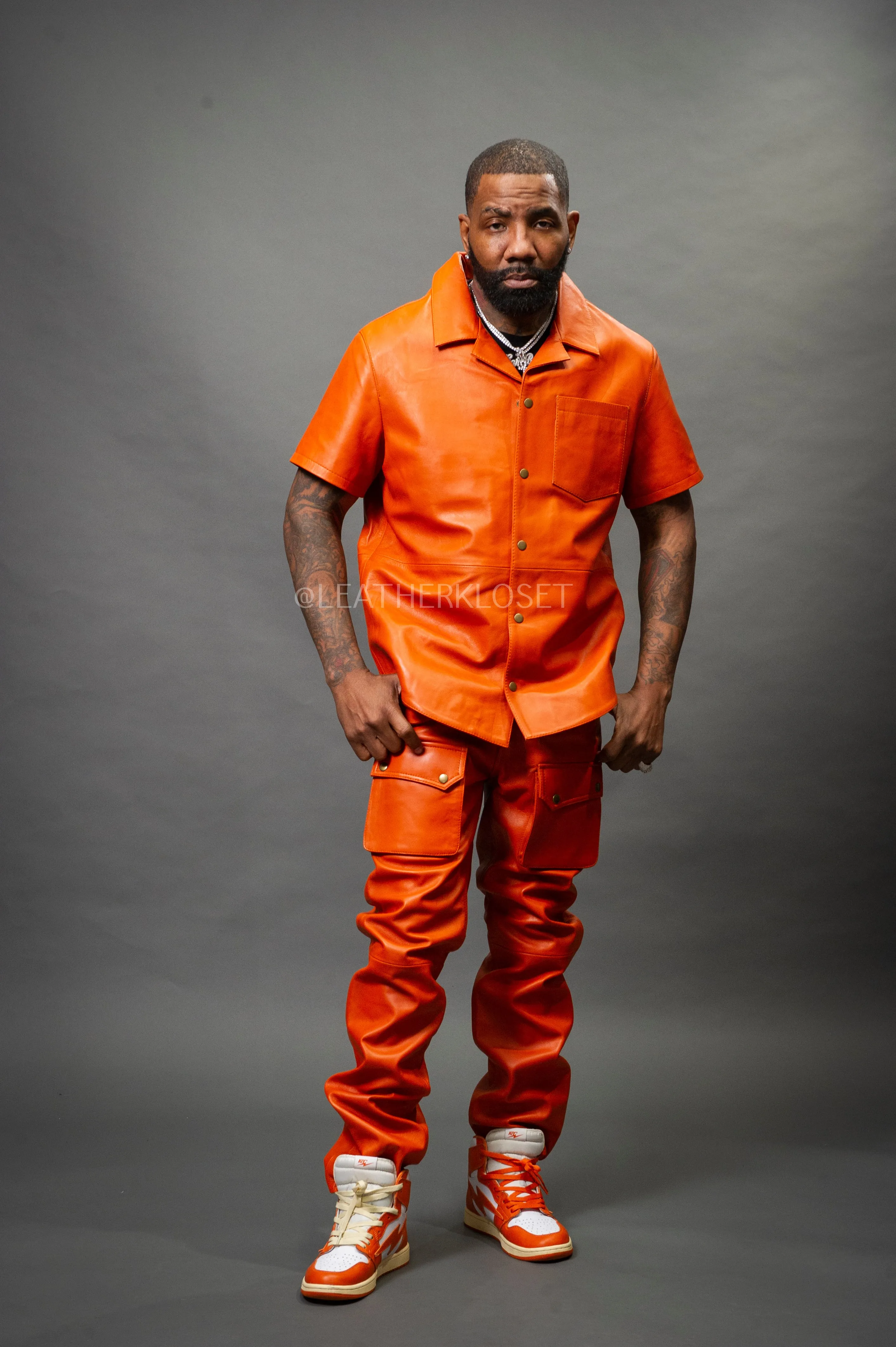 Men's Luka Leather Short Sleeve Shirt And Cargo Pants Set [Orange]