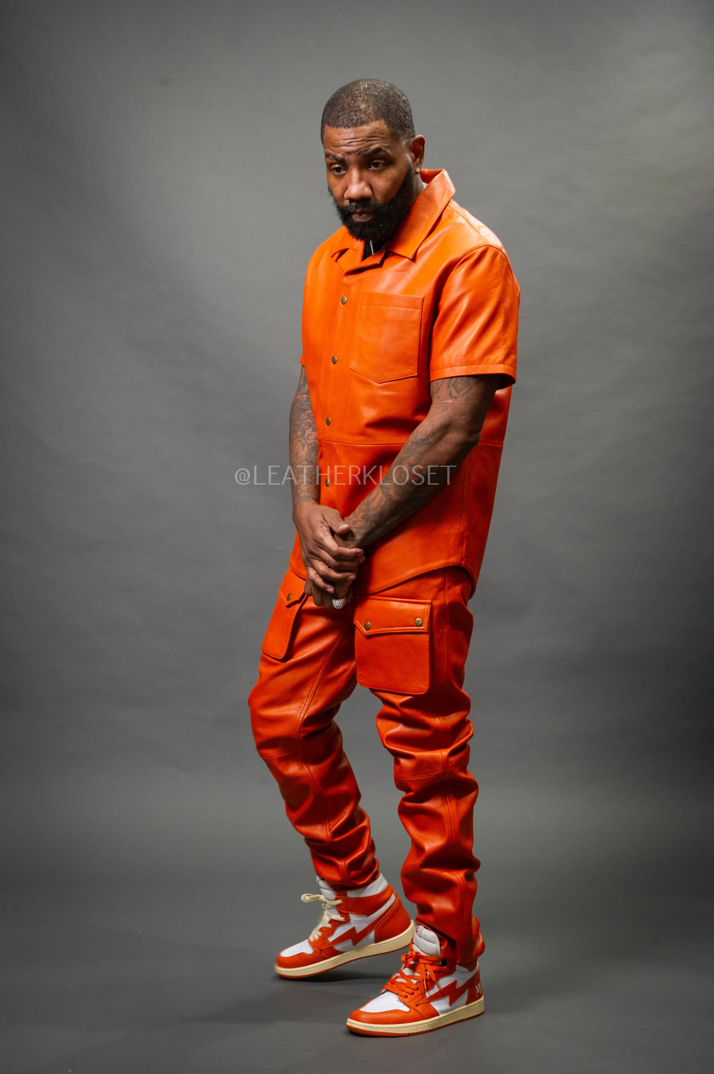 Men's Luka Leather Short Sleeve Shirt And Cargo Pants Set [Orange]