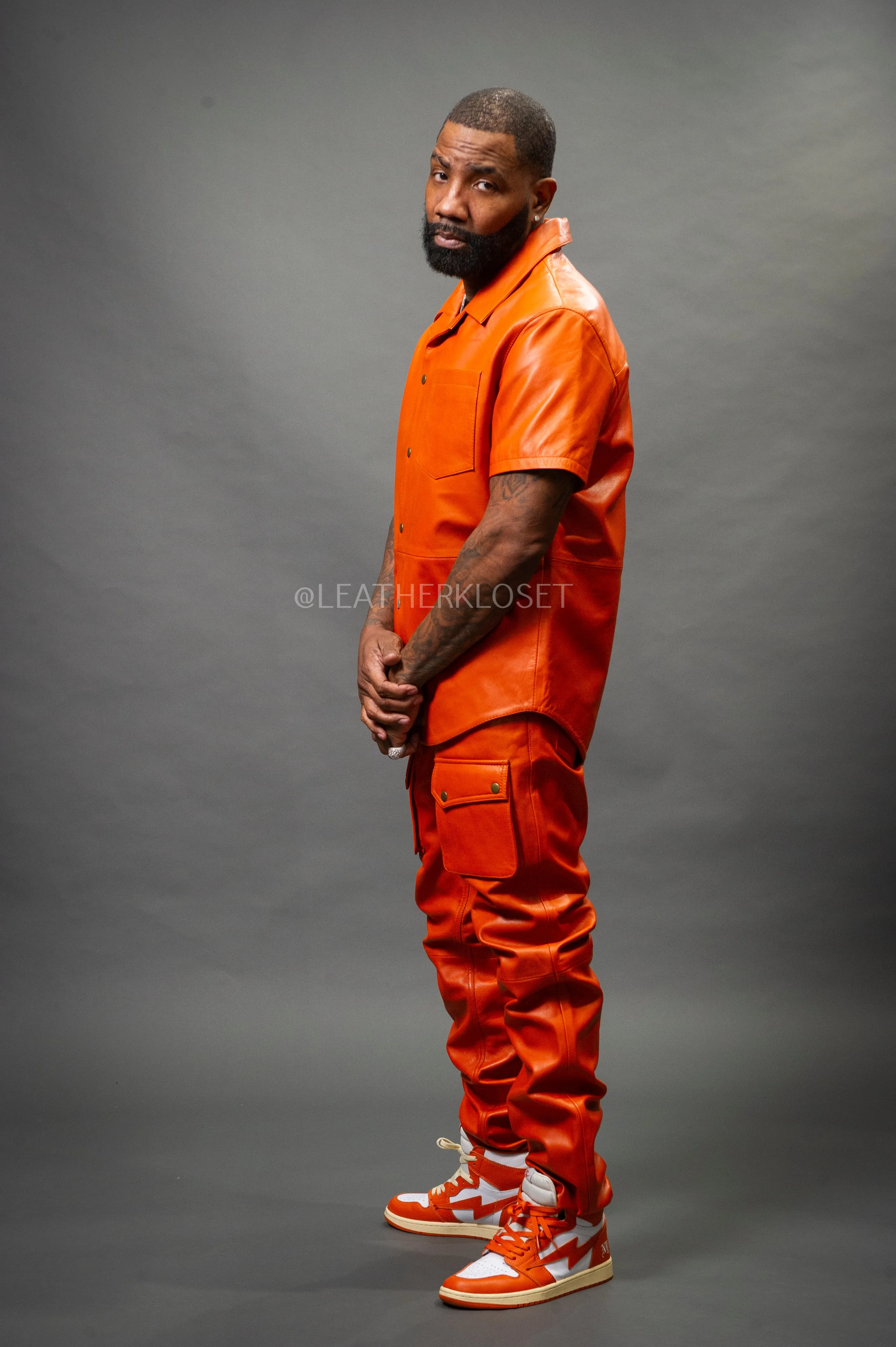 Men's Luka Leather Short Sleeve Shirt And Cargo Pants Set [Orange]