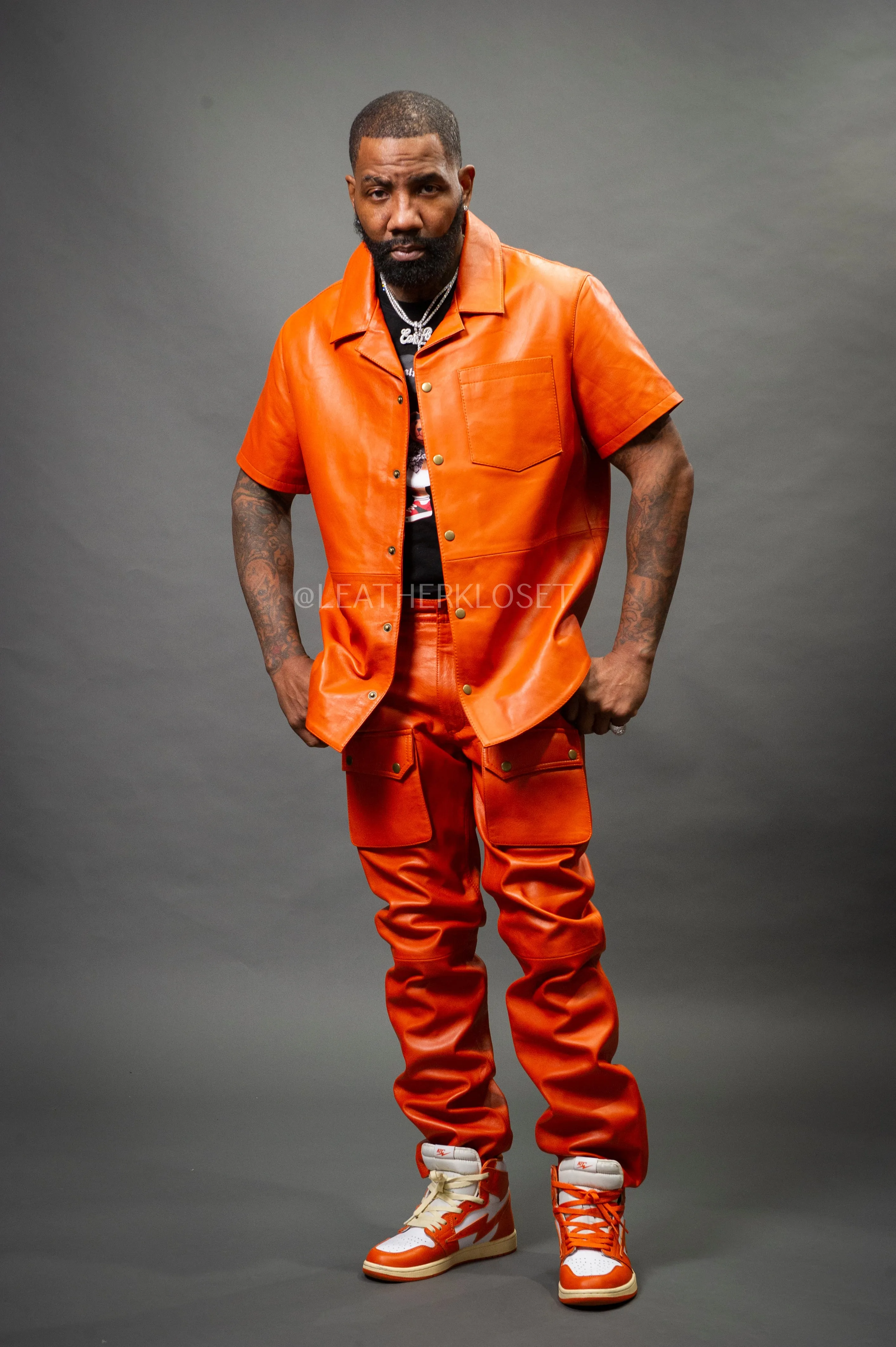 Men's Luka Leather Short Sleeve Shirt And Cargo Pants Set [Orange]