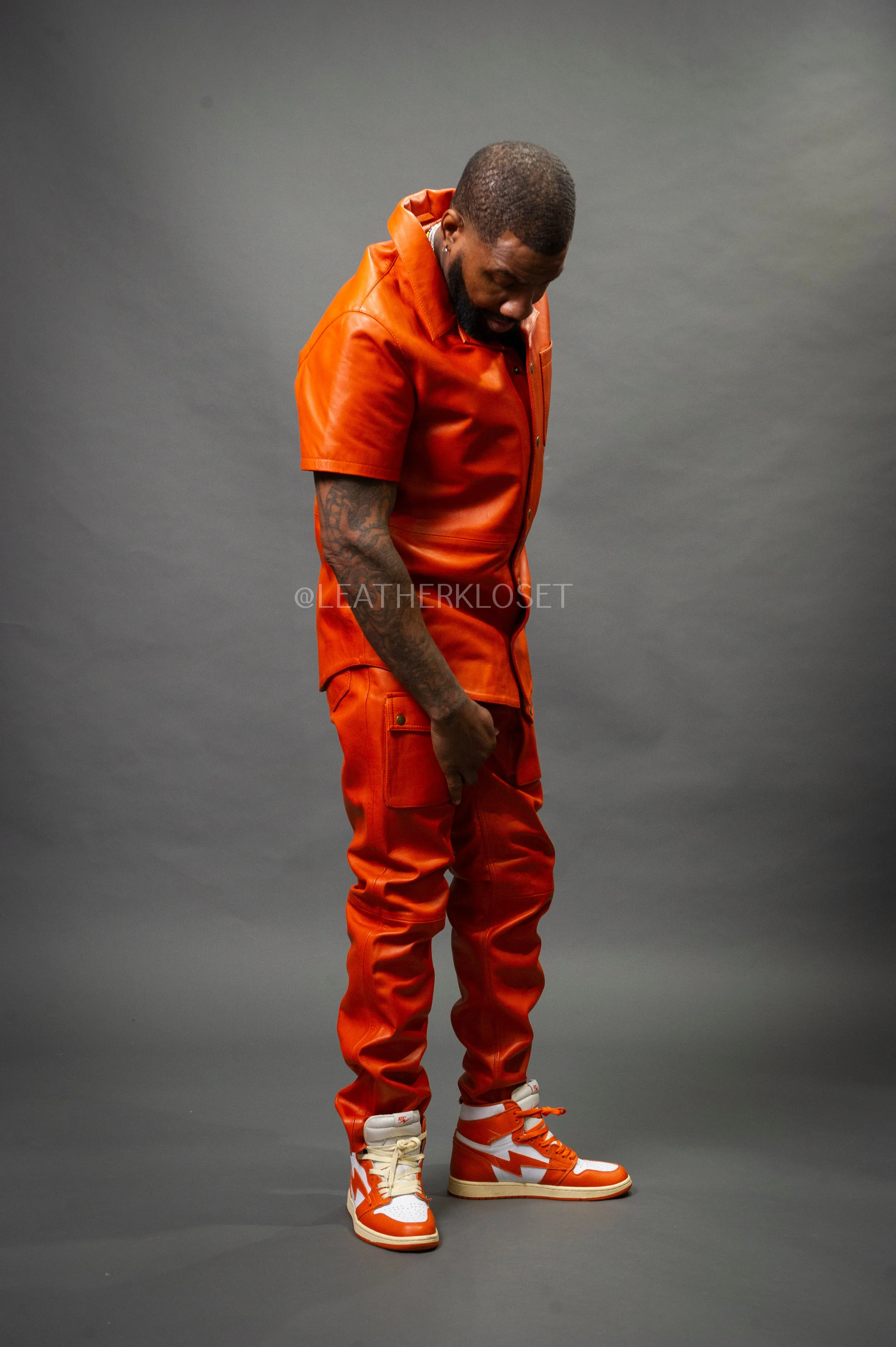 Men's Luka Leather Short Sleeve Shirt And Cargo Pants Set [Orange]