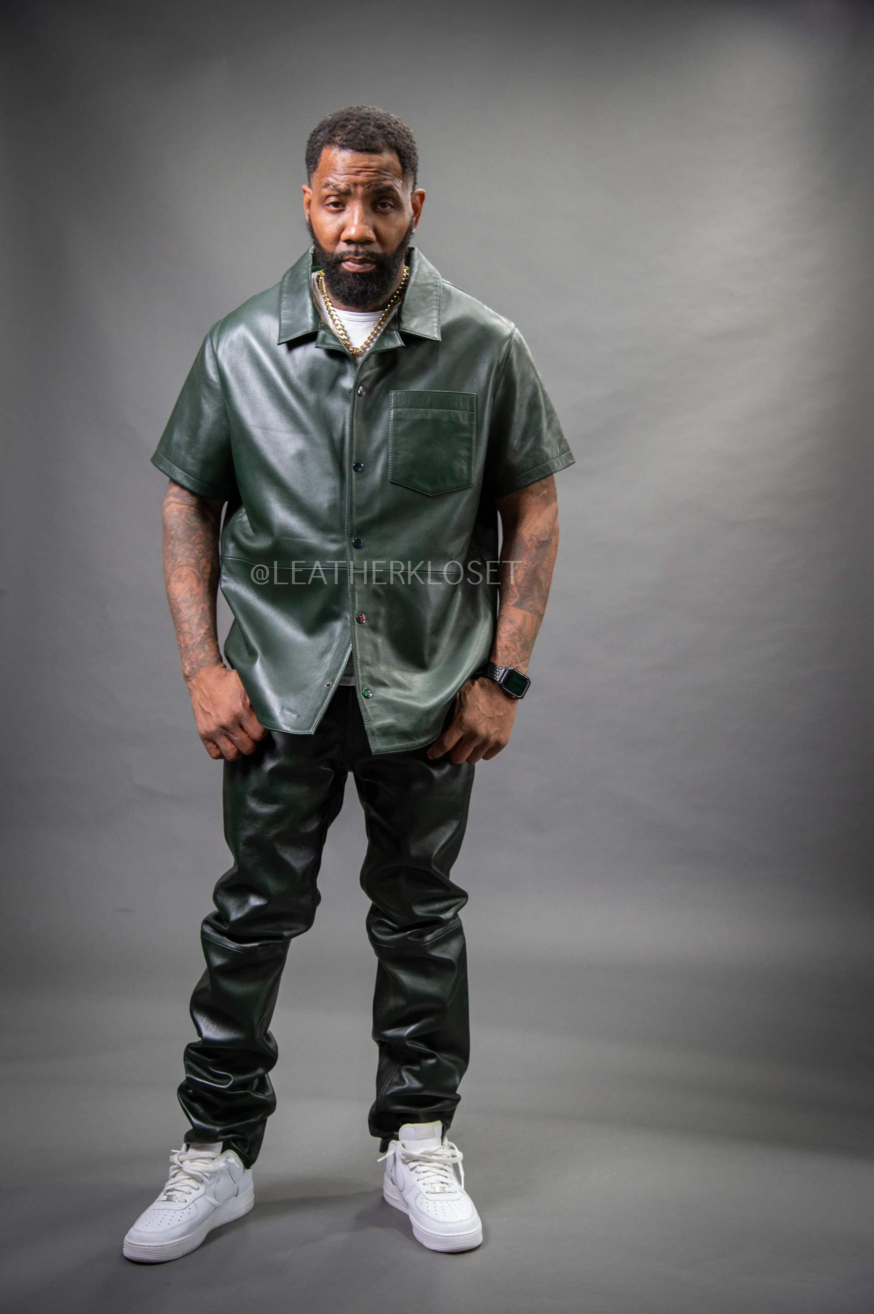 Men's Luka Leather Short Sleeve Shirt And Leather Pants Set [Forest Green]