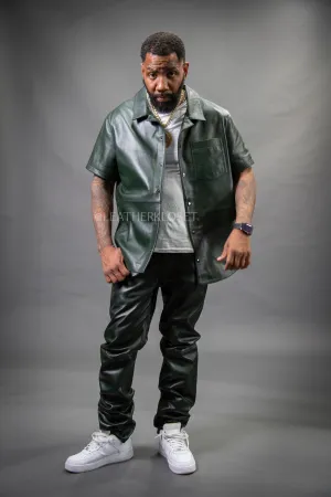 Men's Luka Leather Short Sleeve Shirt And Leather Pants Set [Forest Green]