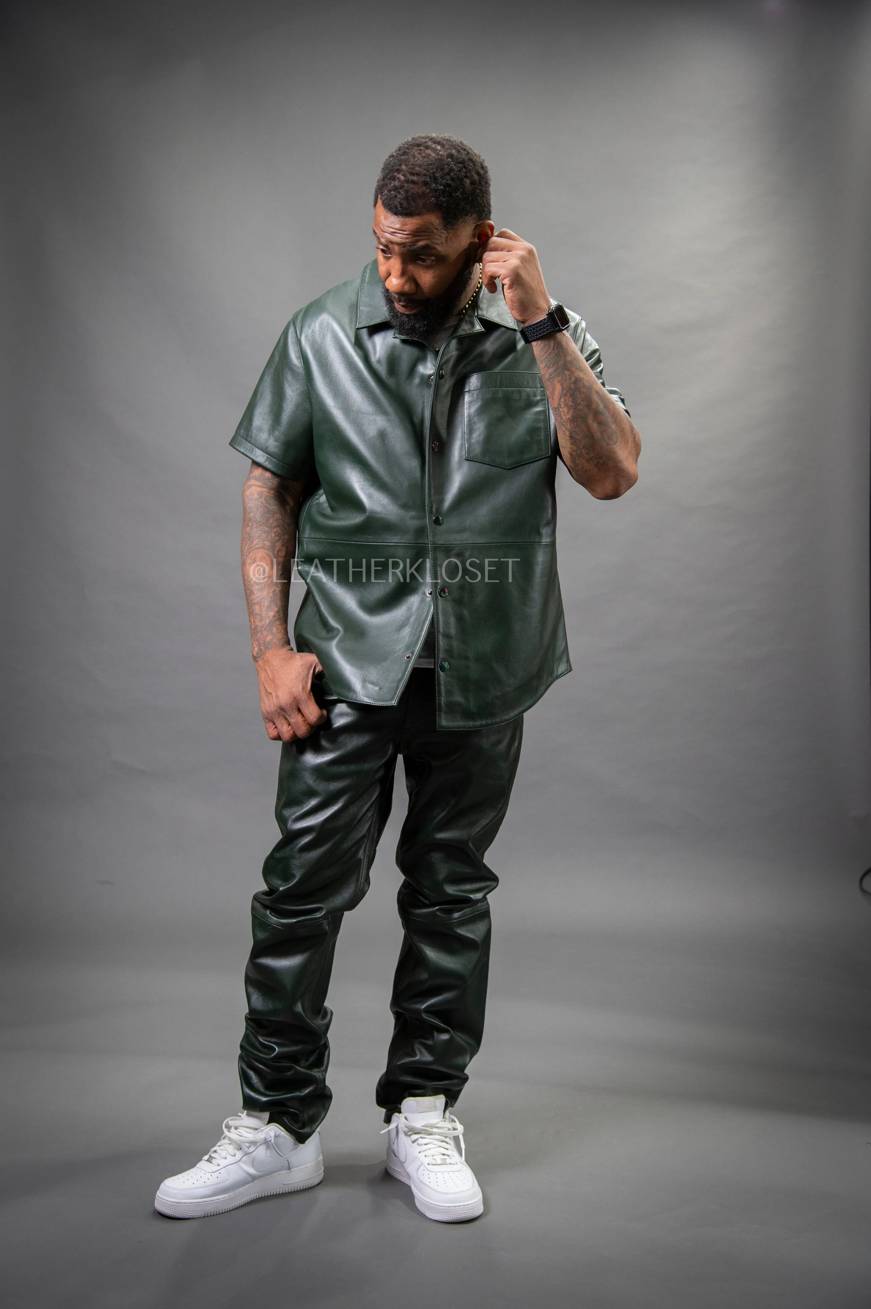 Men's Luka Leather Short Sleeve Shirt And Leather Pants Set [Forest Green]