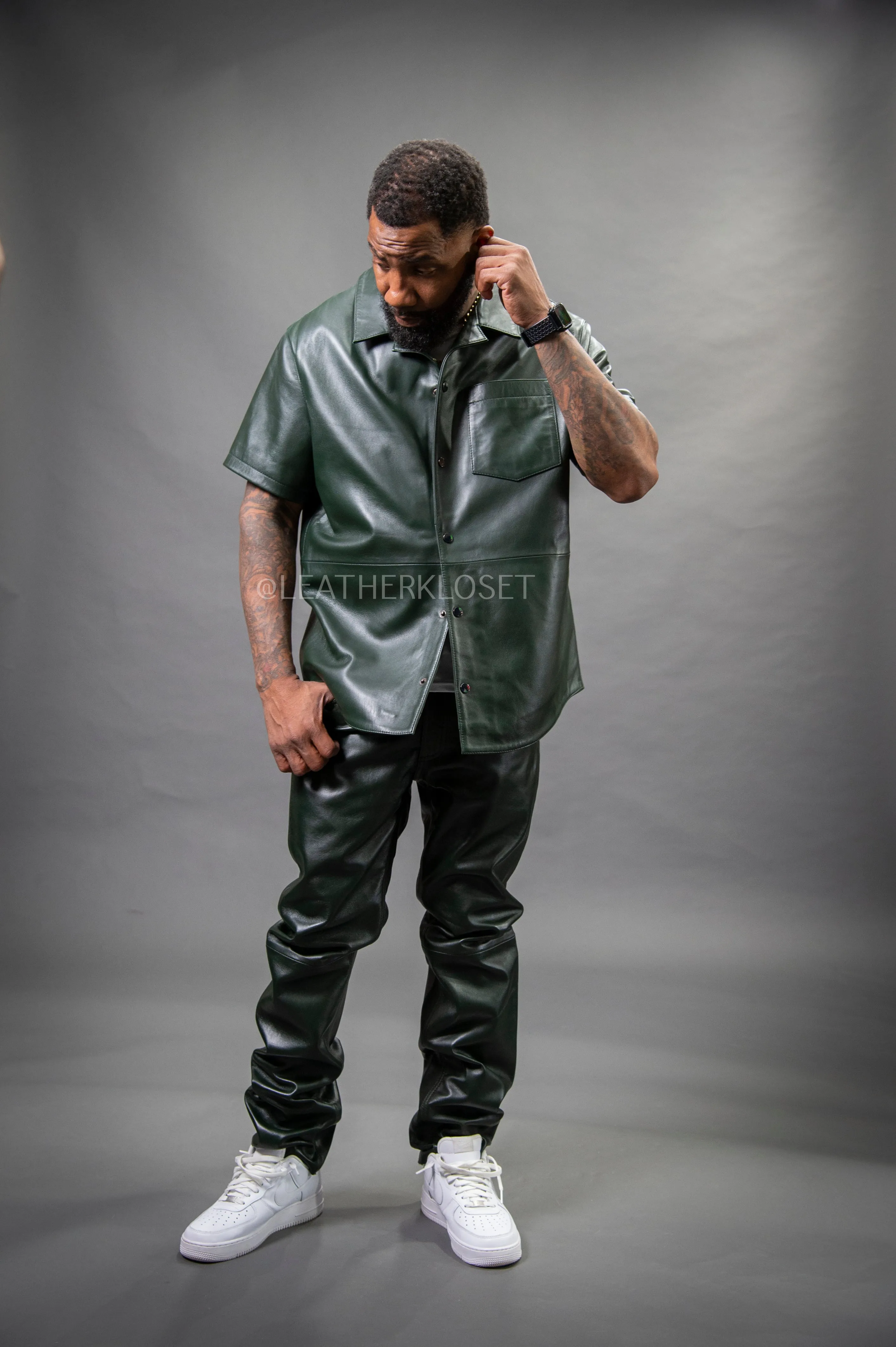 Men's Luka Leather Short Sleeve Shirt And Leather Pants Set [Forest Green]