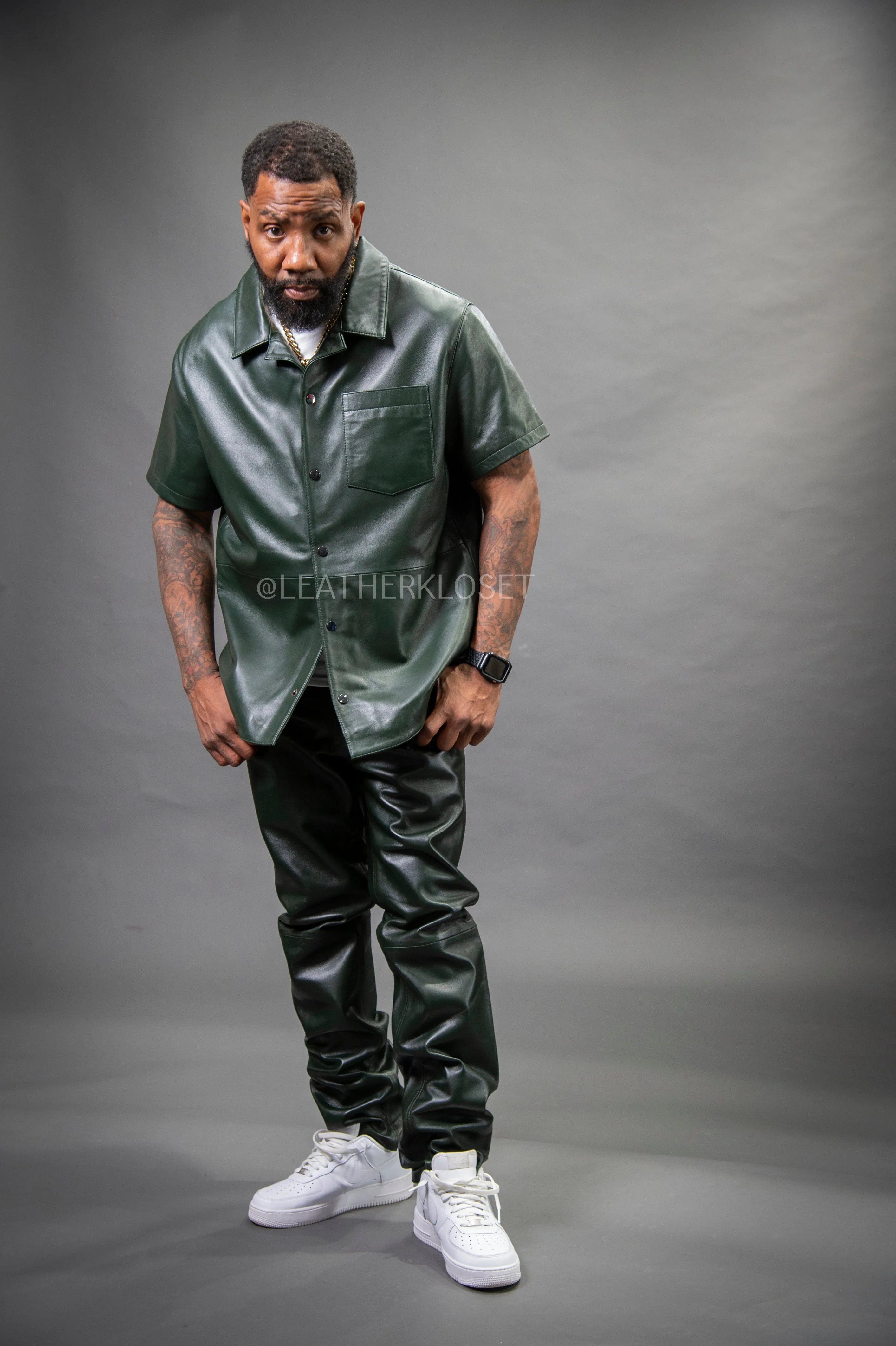 Men's Luka Leather Short Sleeve Shirt And Leather Pants Set [Forest Green]