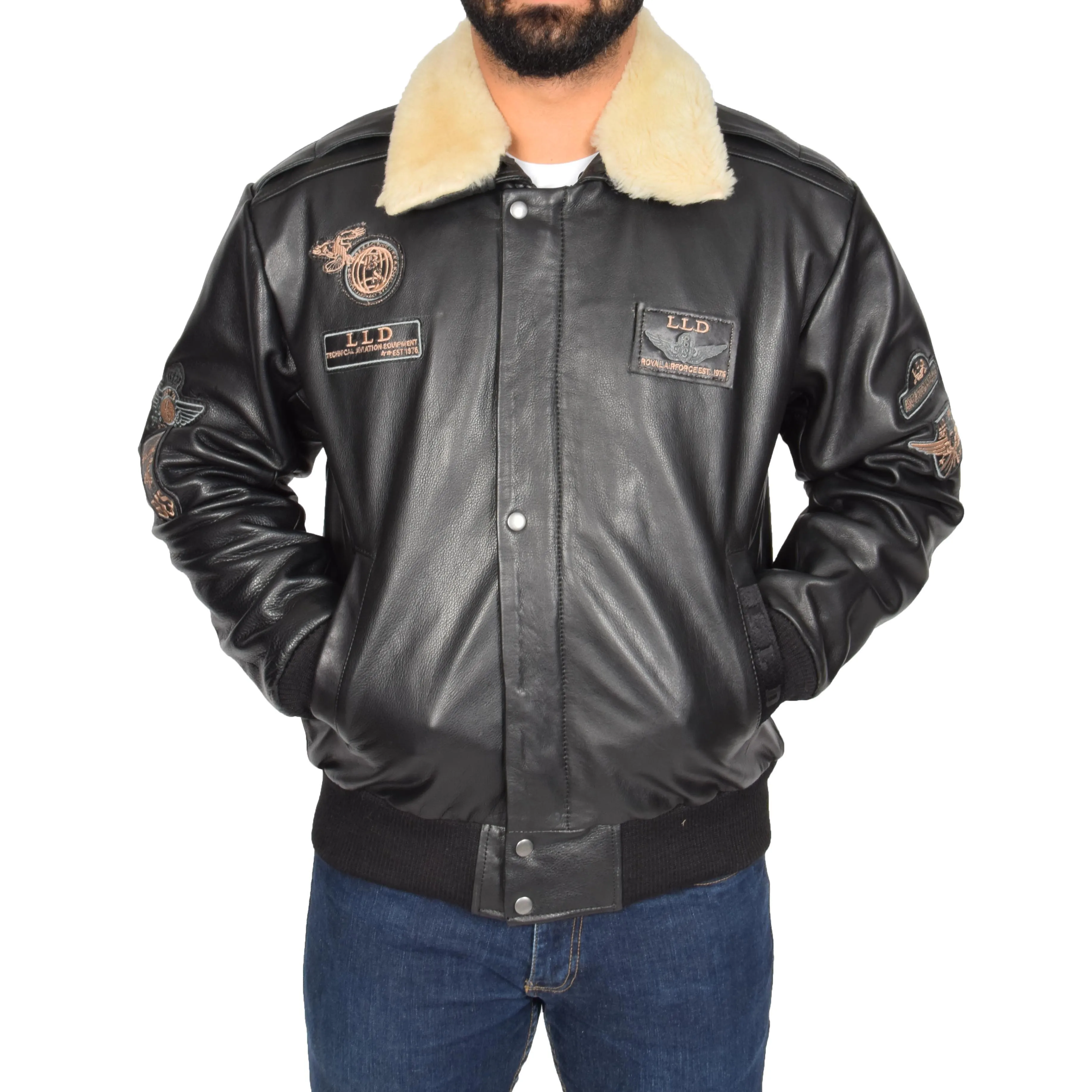 Mens Pilot Bomber Leather Jacket Spitfire Black