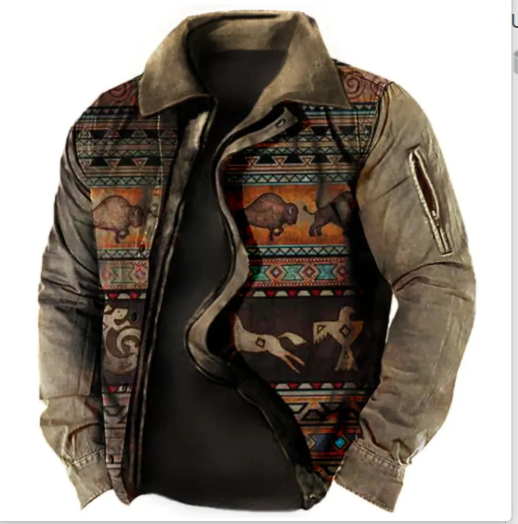 Men's Plus Size Fleece Sherpa Vintage Jacket Aztec Style Zip & Button Up Thick Winter Tactical Lapel Collar Cargo Coat