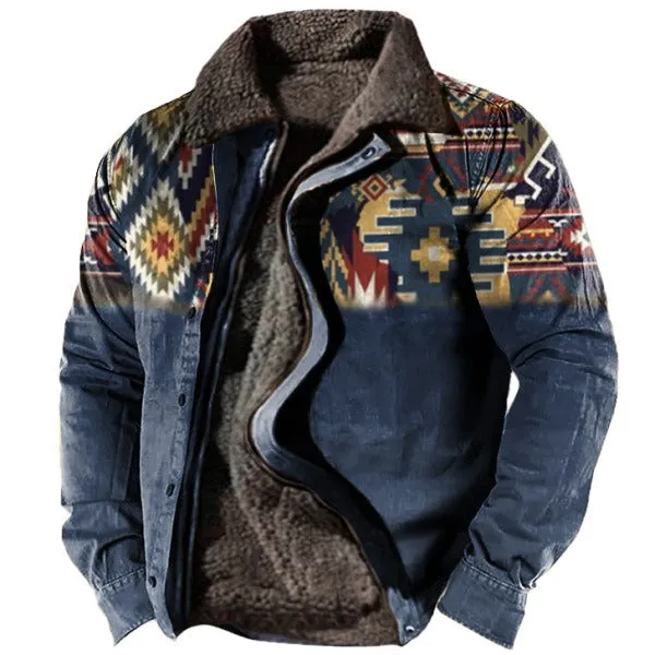 Men's Plus Size Fleece Sherpa Vintage Jacket Aztec Style Zip & Button Up Thick Winter Tactical Lapel Collar Cargo Coat