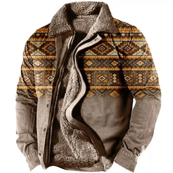 Men's Plus Size Fleece Sherpa Vintage Jacket Aztec Style Zip & Button Up Thick Winter Tactical Lapel Collar Cargo Coat