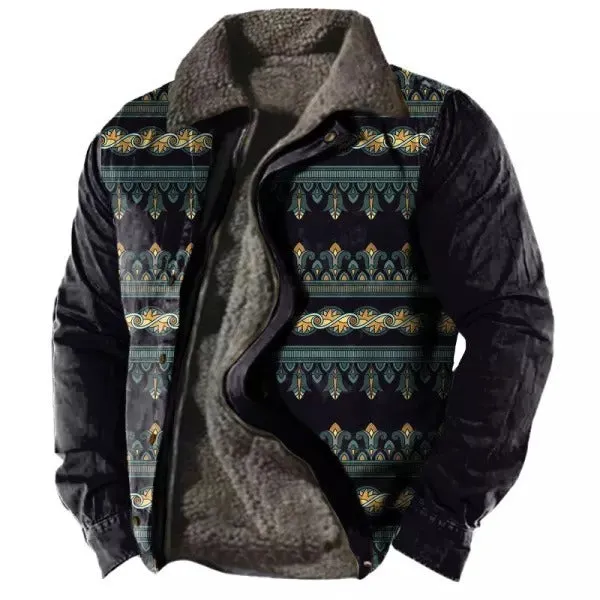 Men's Plus Size Fleece Sherpa Vintage Jacket Aztec Style Zip & Button Up Thick Winter Tactical Lapel Collar Cargo Coat