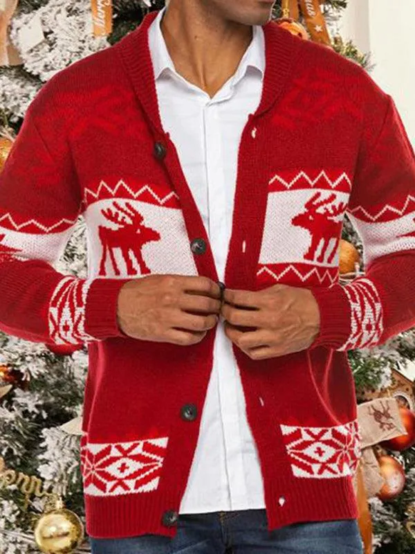 Men's Reindeer Pattern Knit Cardigan Sweater