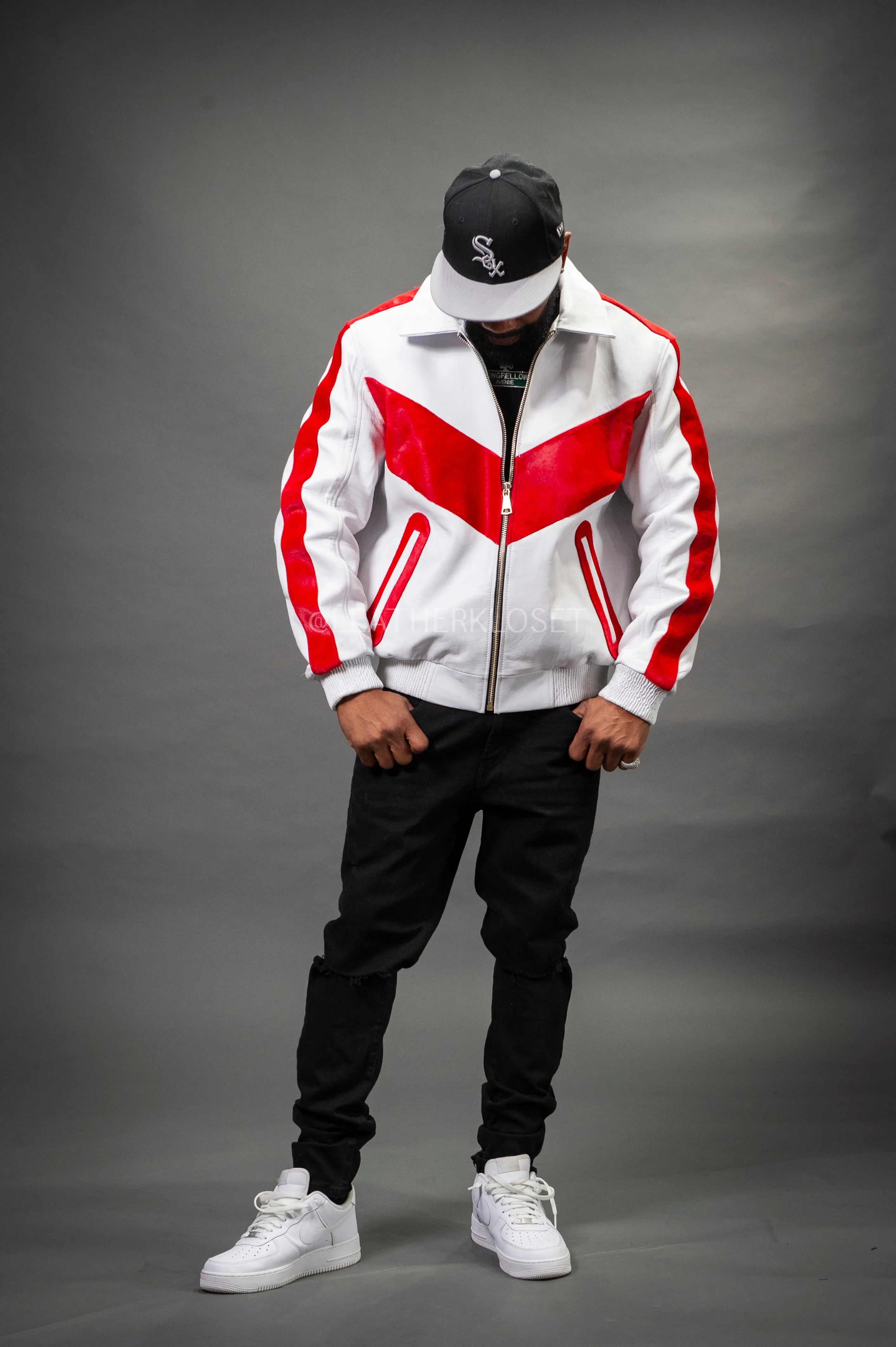 Men's V-Baseball Bomber Pony Leather Jacket [White/Red]