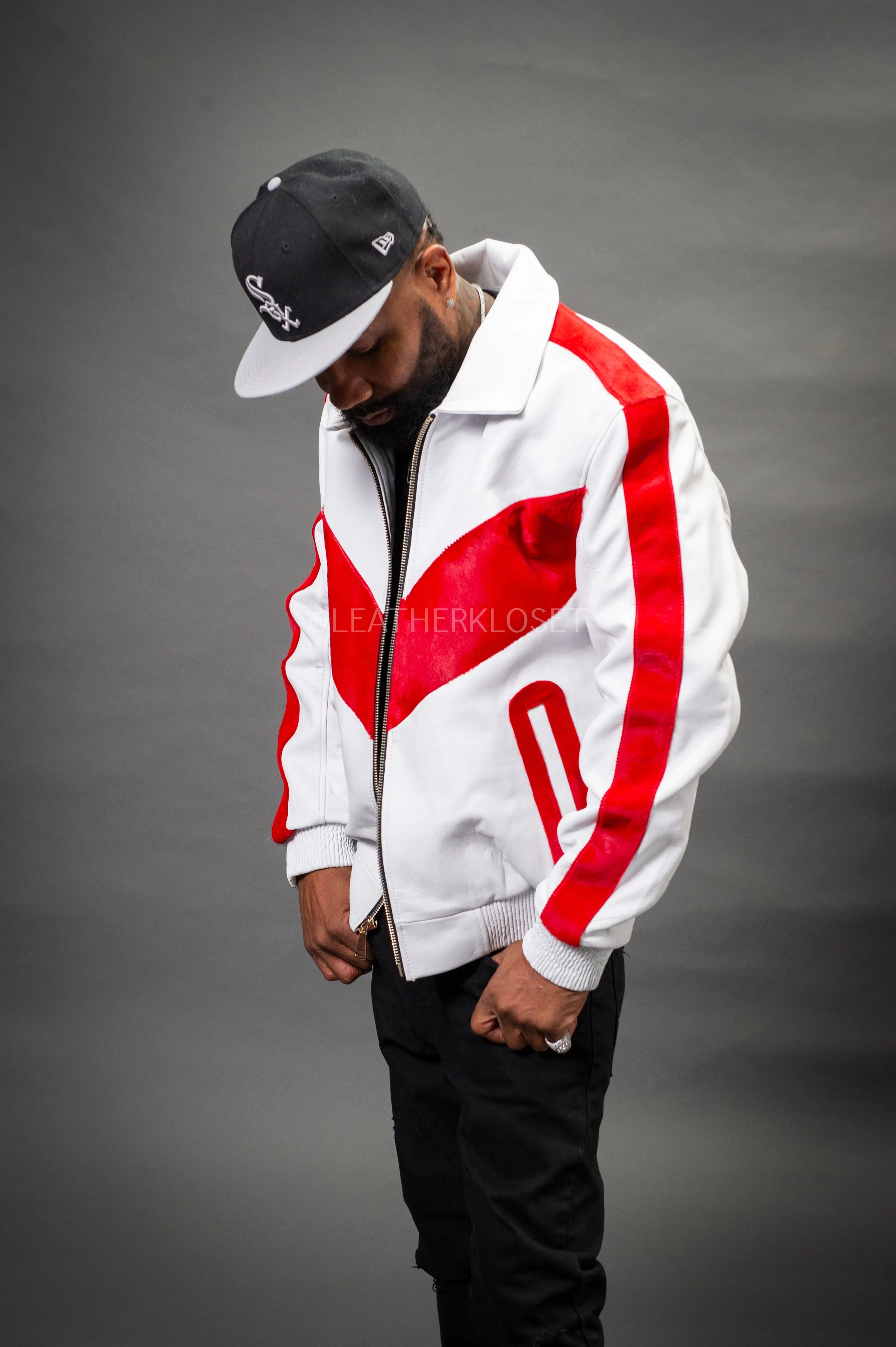 Men's V-Baseball Bomber Pony Leather Jacket [White/Red]