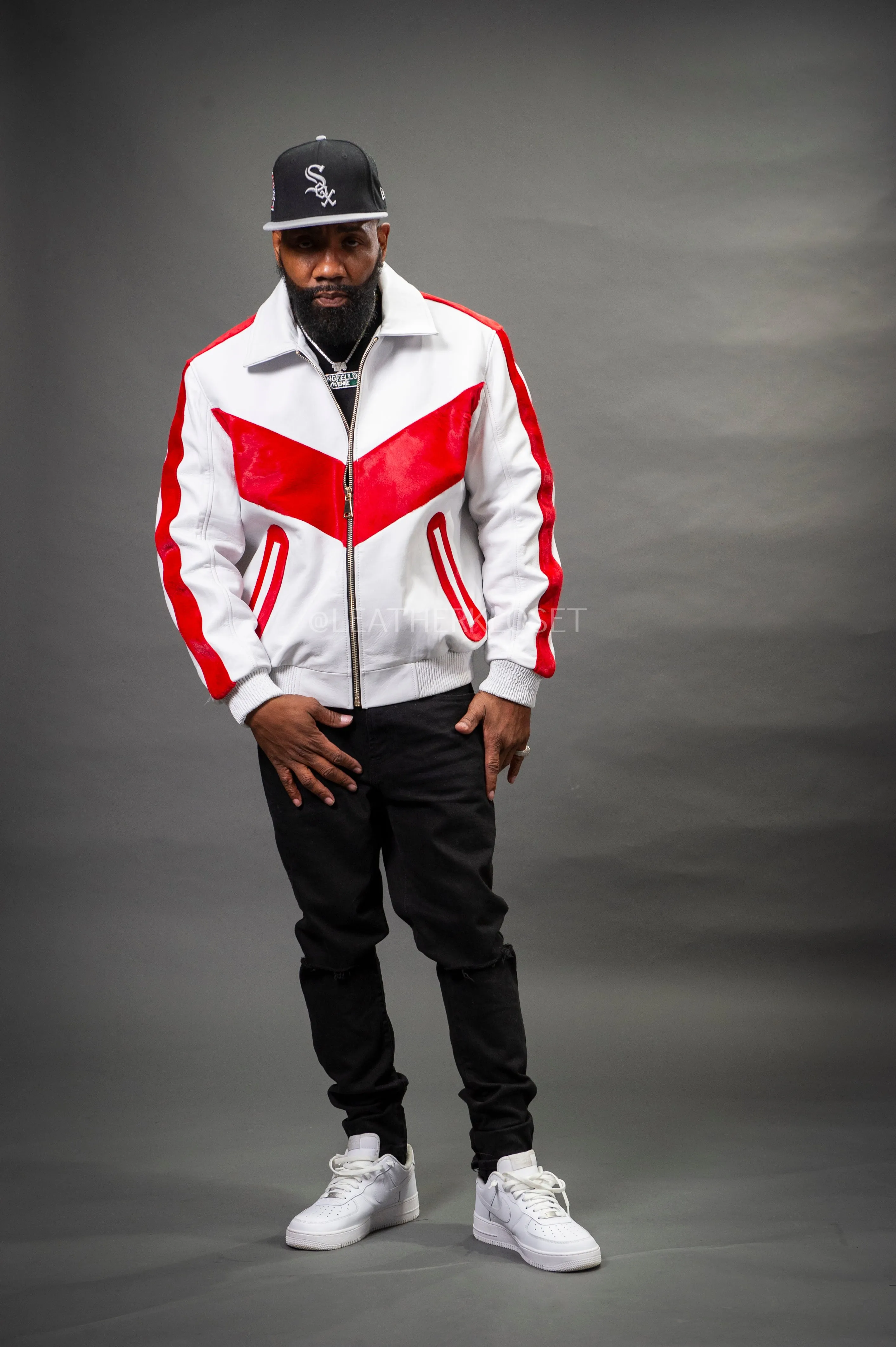 Men's V-Baseball Bomber Pony Leather Jacket [White/Red]