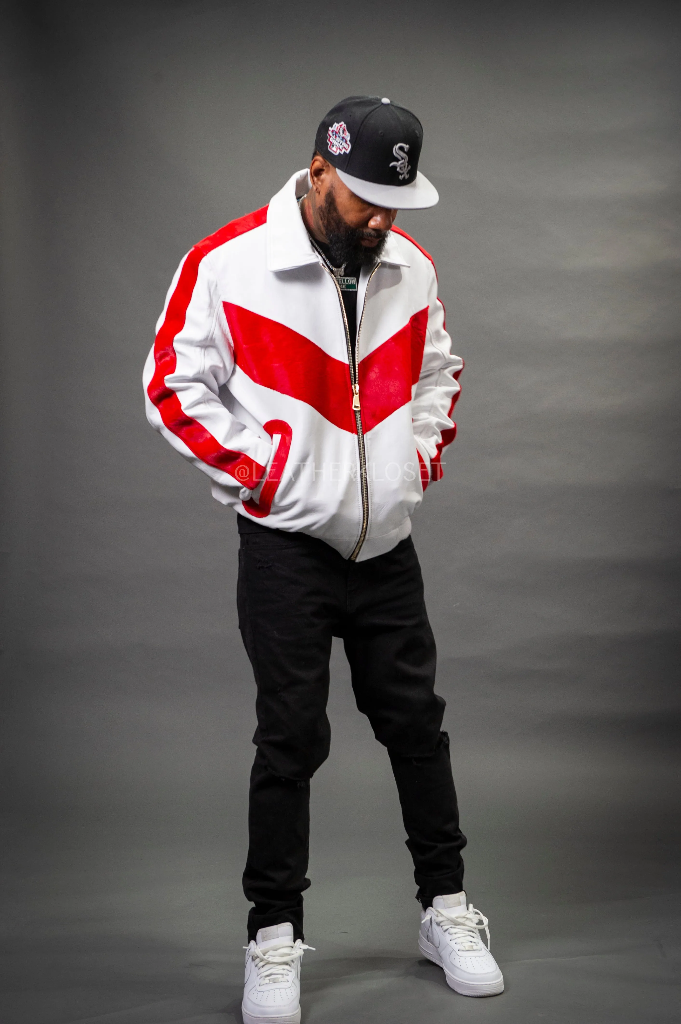 Men's V-Baseball Bomber Pony Leather Jacket [White/Red]