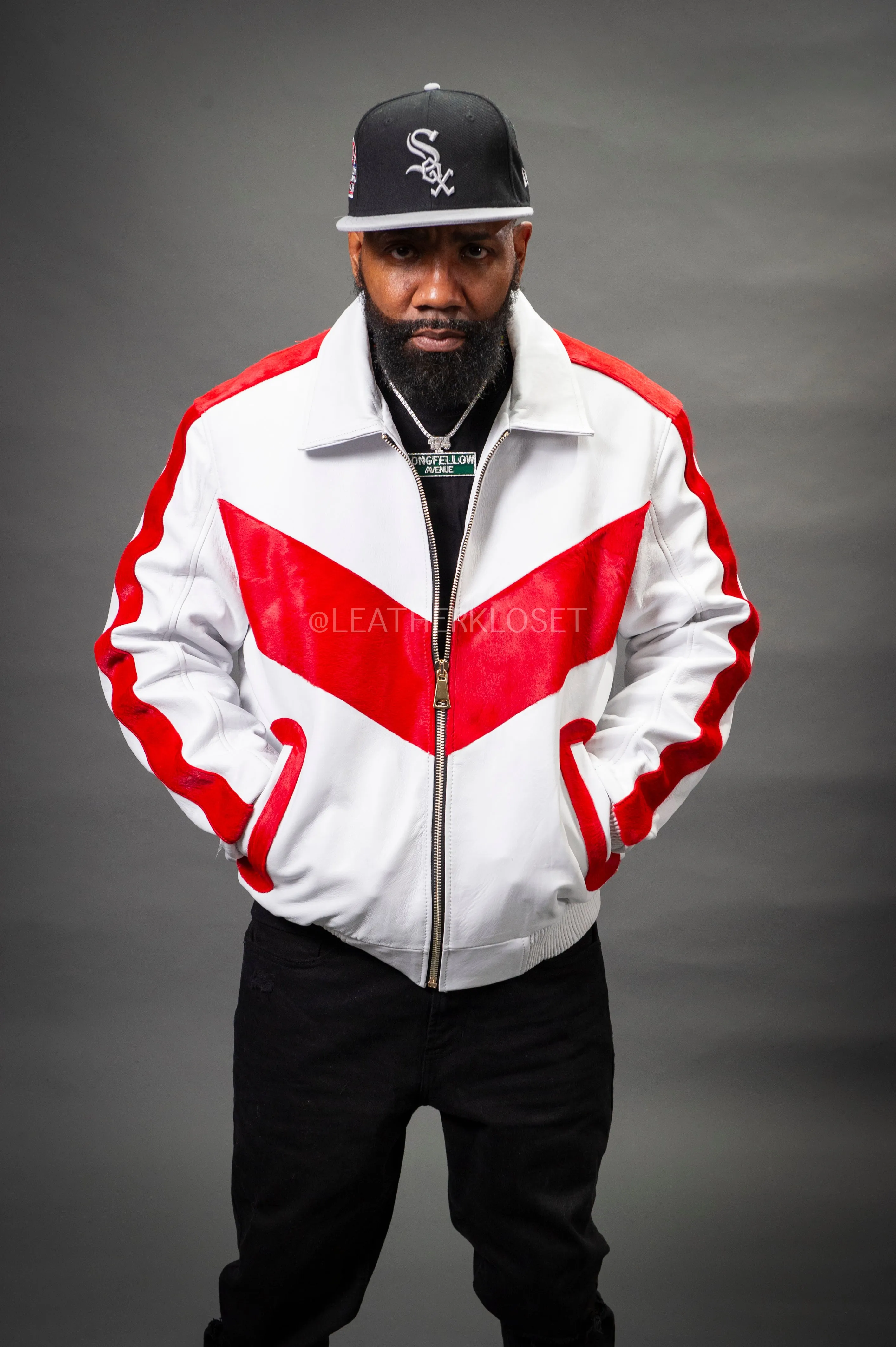 Men's V-Baseball Bomber Pony Leather Jacket [White/Red]