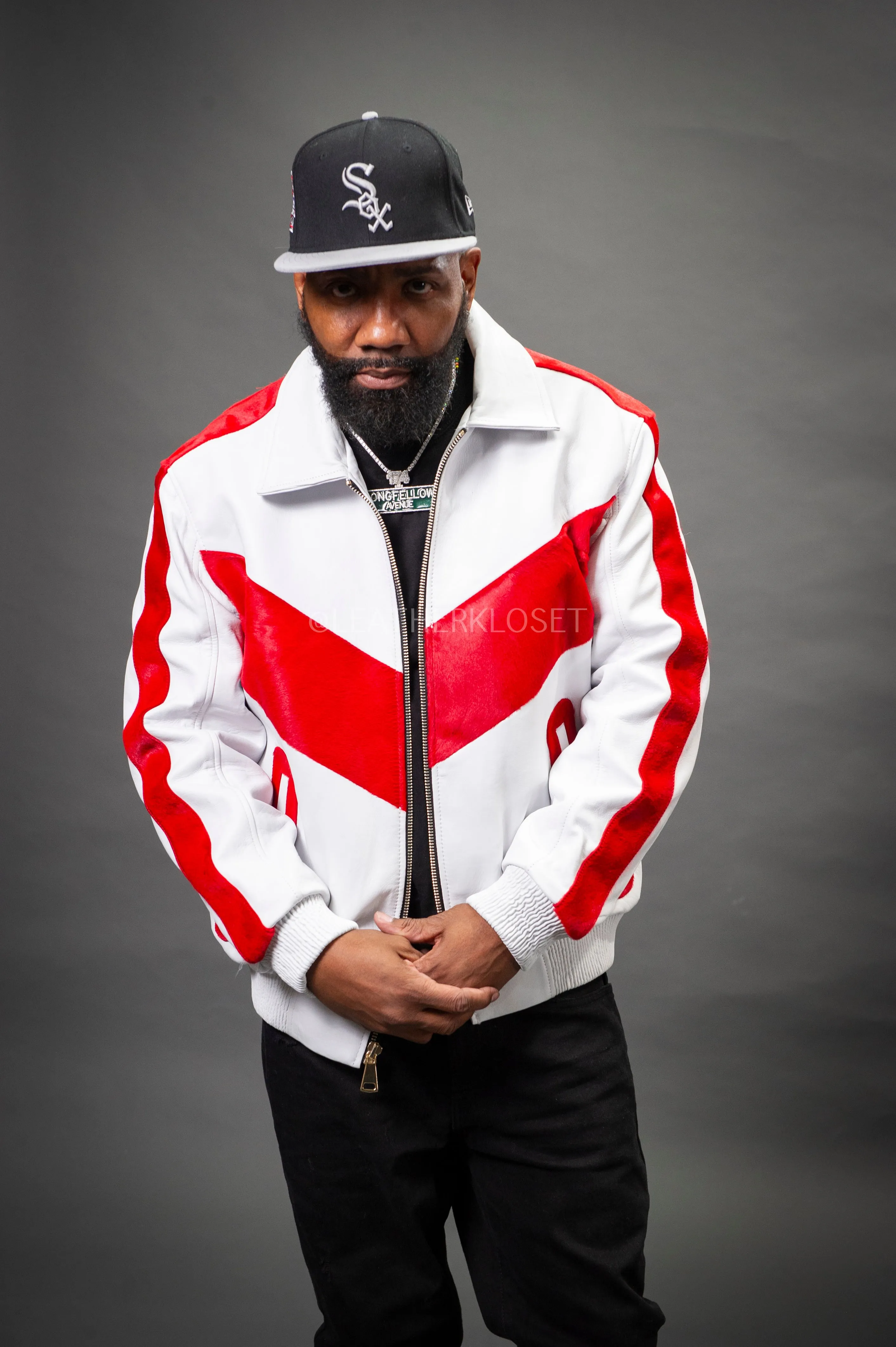 Men's V-Baseball Bomber Pony Leather Jacket [White/Red]