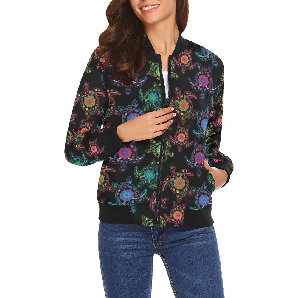 Neon Floral Turtles Bomber Jacket for Women