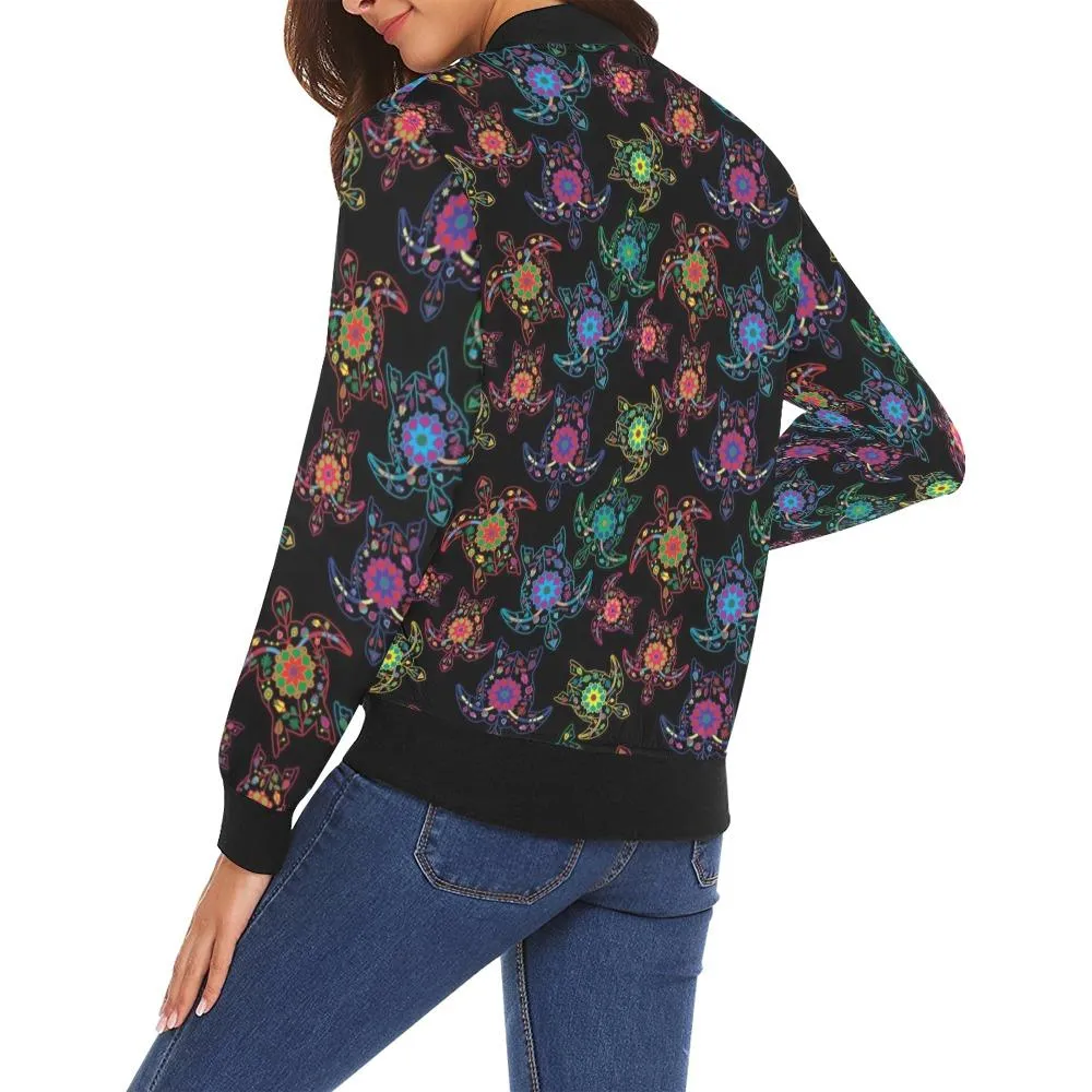 Neon Floral Turtles Bomber Jacket for Women