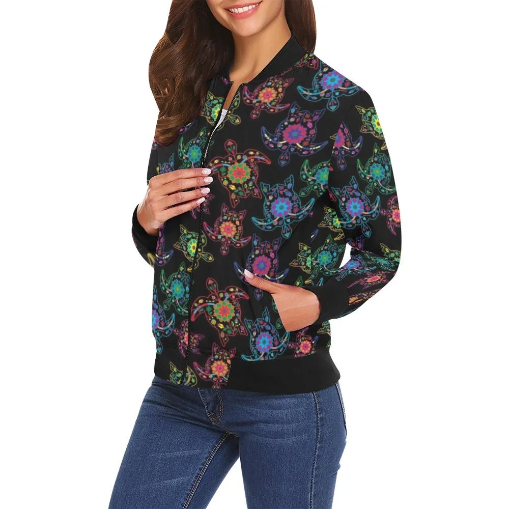 Neon Floral Turtles Bomber Jacket for Women